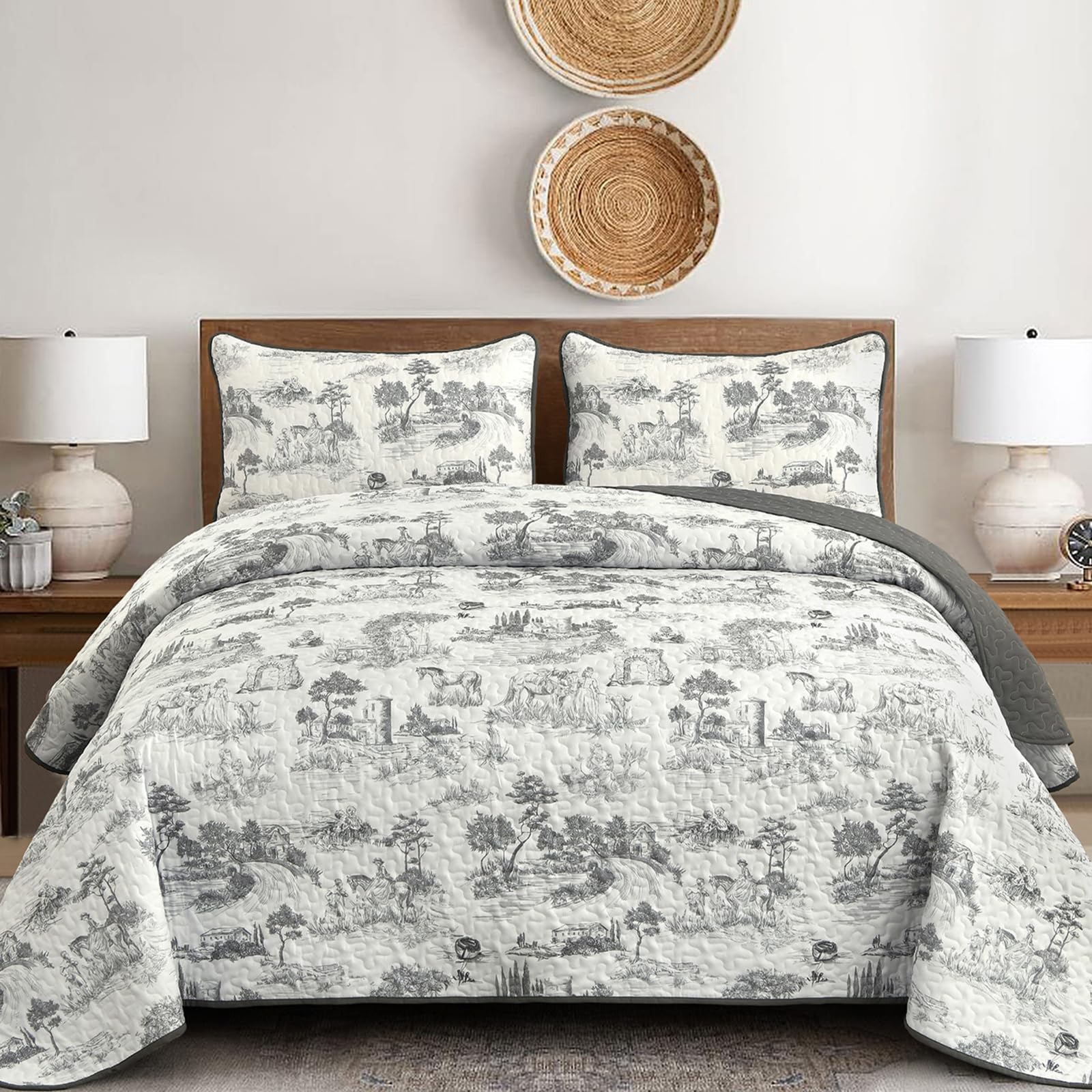 Drucon Botanical Quilt Set King Size, 3 Pieces Grey Plants Printed Bedding Set, Soft Microfiber Coverlet and Lightweight Bedspread for All Season (104"x90")