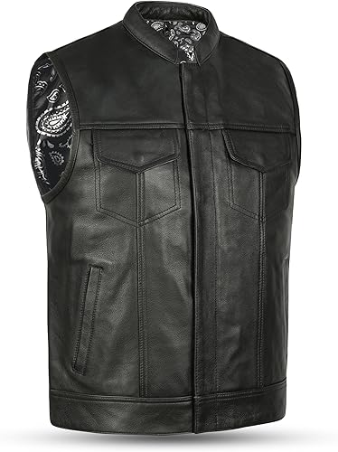 Leatherick Mens Black Motorcycle Vests - Top Grain Cow Leather SOA Club & Traditional Paisley Satin Liner Leather Biker Vests