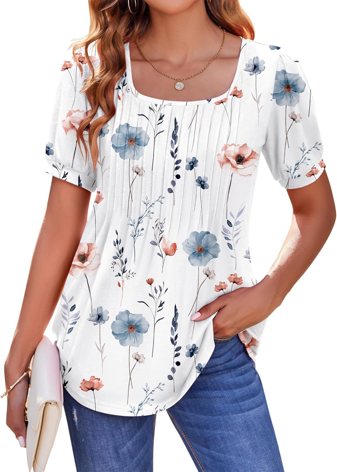 Zeagoo Womens Summer Tops Casual Puff Short Sleeve T Shirts Floral/Solid Pleated Tunics Square Neck Work Blouse