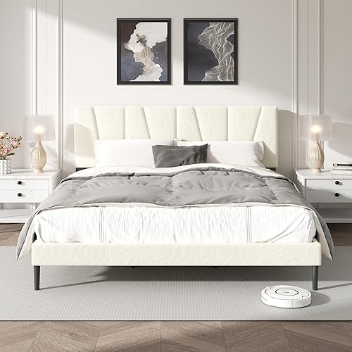 Base de cama tamaño King con cabecera tapizada de tela, cama plataforma con soporte de listones de madera, base de colchón completa, somier