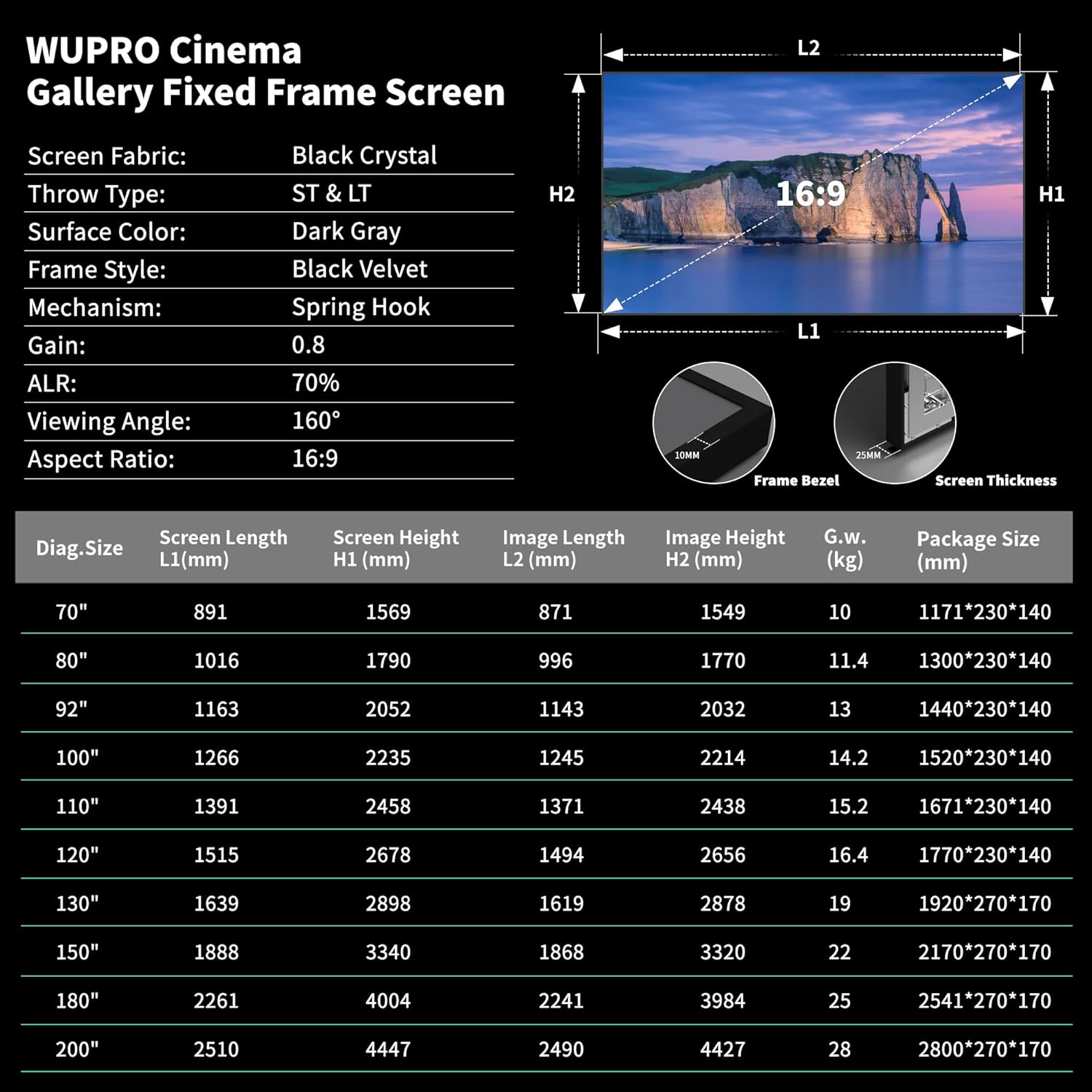 Table of WUPRO Cinema Gallery Fixed Frame Screen specifications including screen length, height, image length, and image height for various diagonal sizes