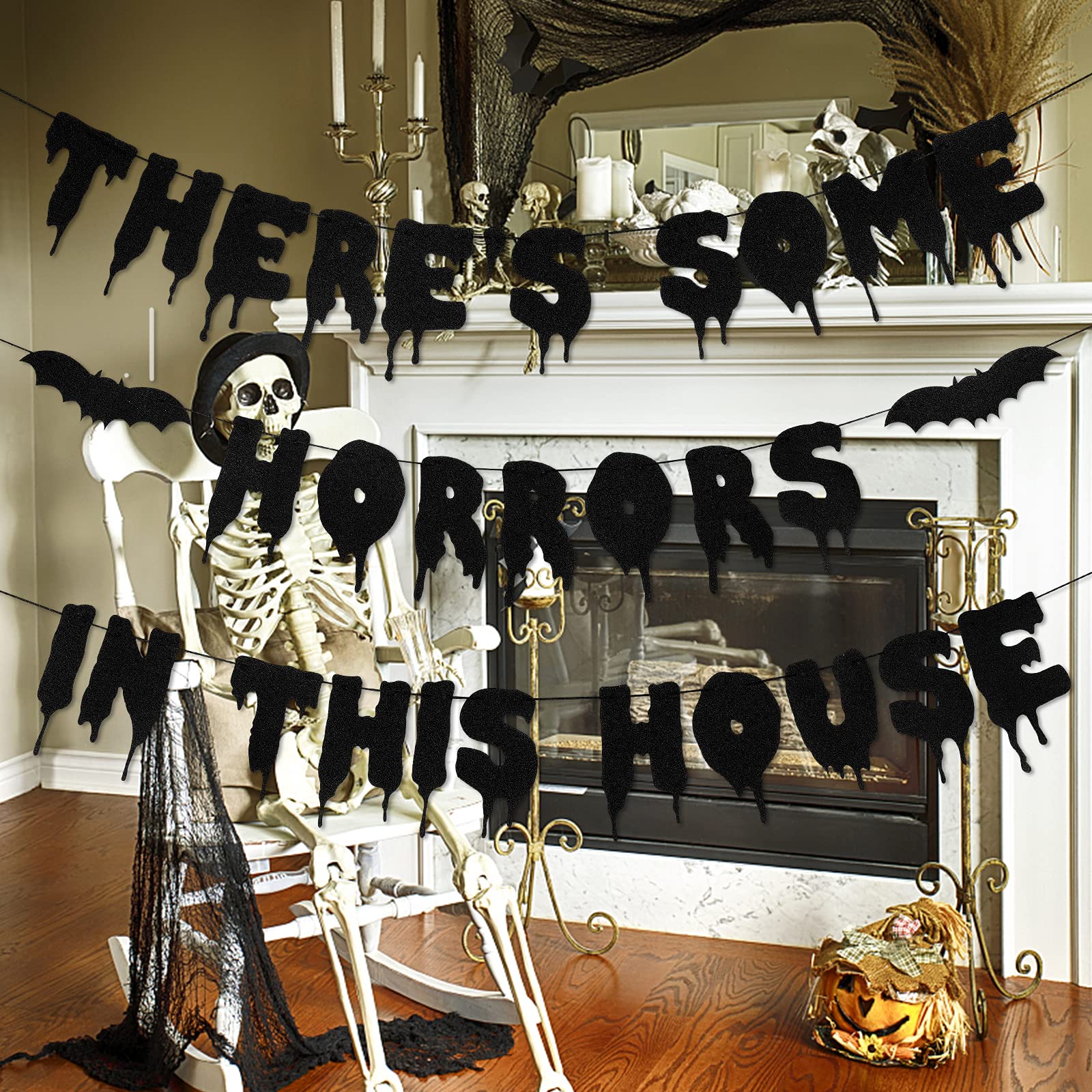 There's Some Horrors In This House Banner Black Glitter, Halloween Horror Party Banner Haunted Mansion Banner for Horror Halloween Home Office Fireplace Mantle Decor