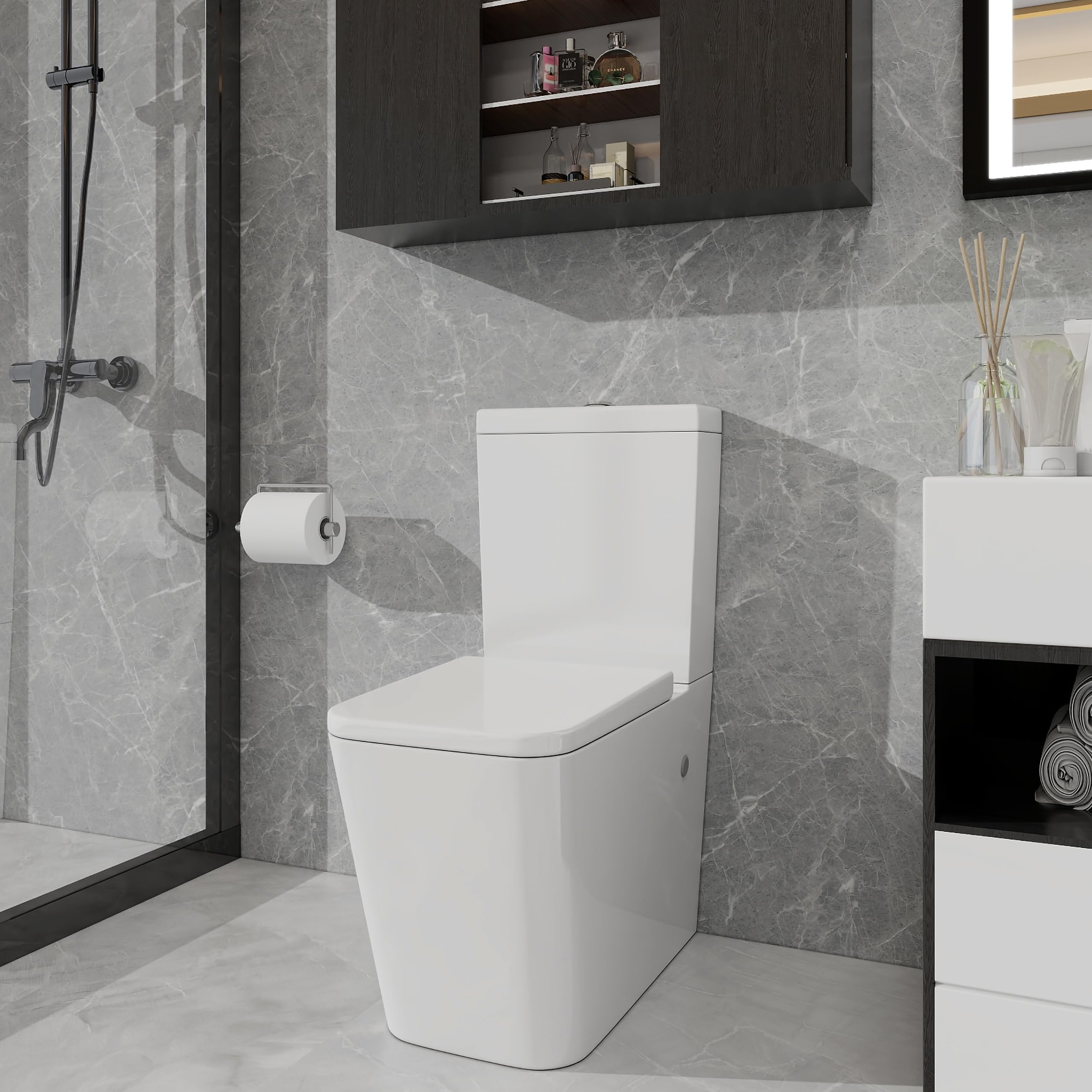 Robanmoa Rimless Back to Wall Toilet Close Coupled Bathroom Toilet, White Ceramic WC Pan & Soft Close Seat Dual Flush Cistern Comfort Height Modern Square Toilets