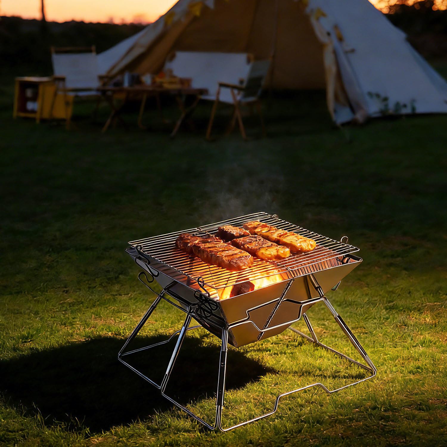 Faltbarer Grill aus 304 Edelstahl, Klappgrill mit Höhenverstellbarem Grillrost, Camping Grill kompakt & schnell aufgebaut, BBQ Grill für Garten, Balkon, Picknick und Outdoor mit Tragetasche