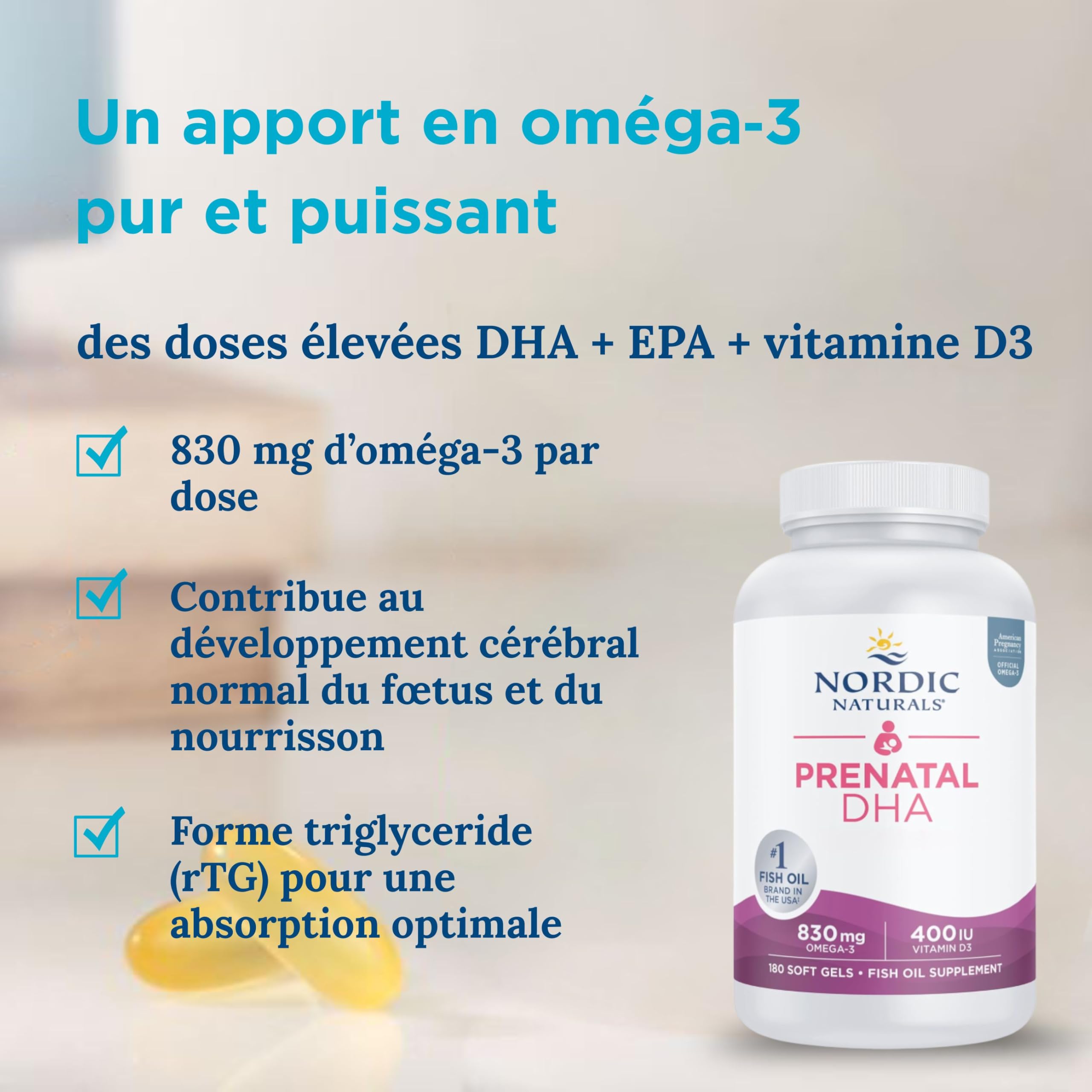 Nordic Naturals Prenatal DHA 830 mg Oméga 3 Huile de Poisson avec EPA et DHA, avec vitamine D3, fortement dosé, sans goût, 180 capsules molles, testé en laboratoire, sans soja, sans gluten