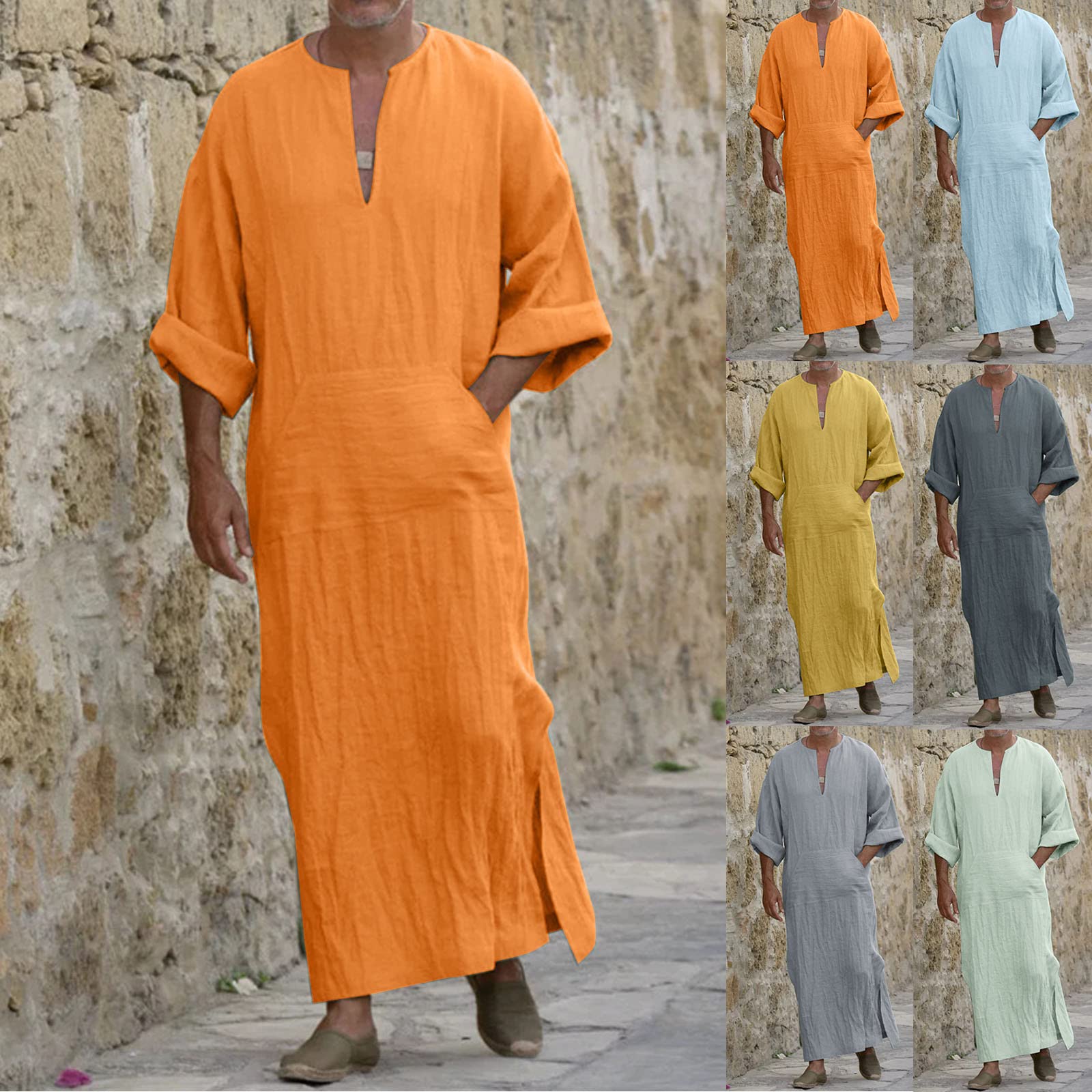 Caftán Árabe Musulmán para Hombres - Abaya Afgana de Algodón y Lino - Ropa de Oración Islámica Fresca para Verano - Jilbab Túnica