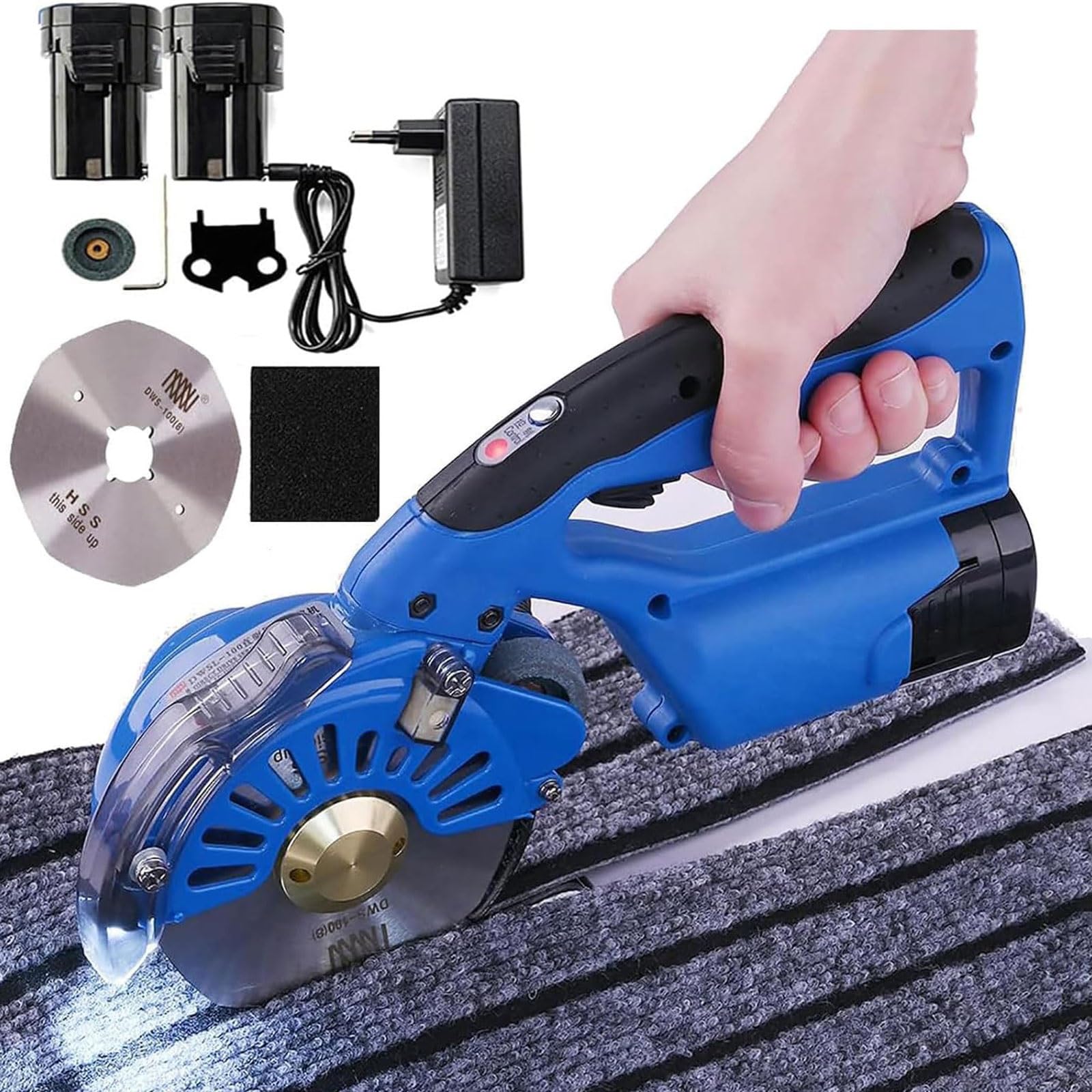 Cortador de tela eléctrico,Máquina cortadora de tela rotativa inalámbrica,Tijeras de tela rotativas recargables con cuchilla y baterías de 2x2500 mAh,5 velocidades ajustables(40mm Thickness)