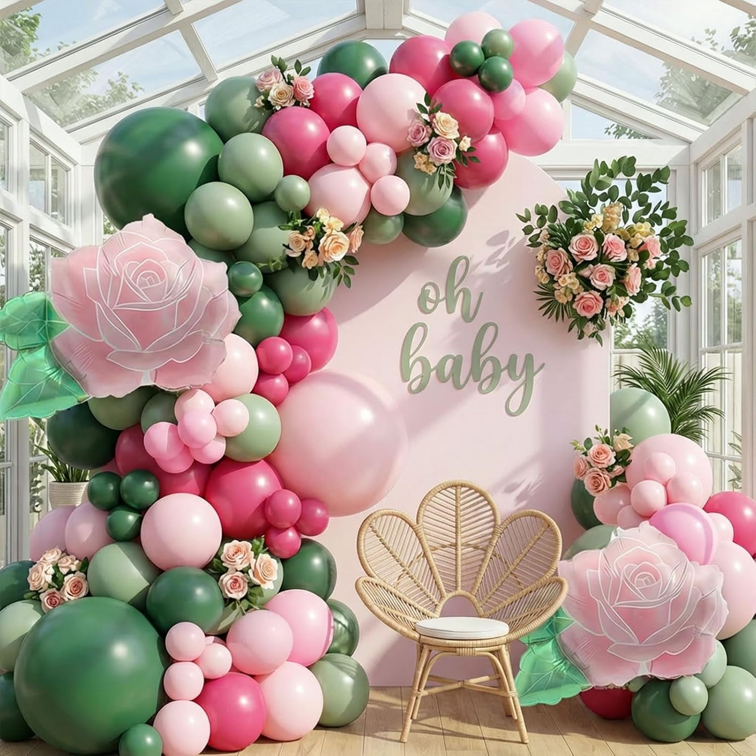 Spring Flower Balloon Garland Kit with sage Green Pink balloons Flower Foil Balloons for Baby in Bloom baby shower spring theme Birthday Garden Tea party decorations
