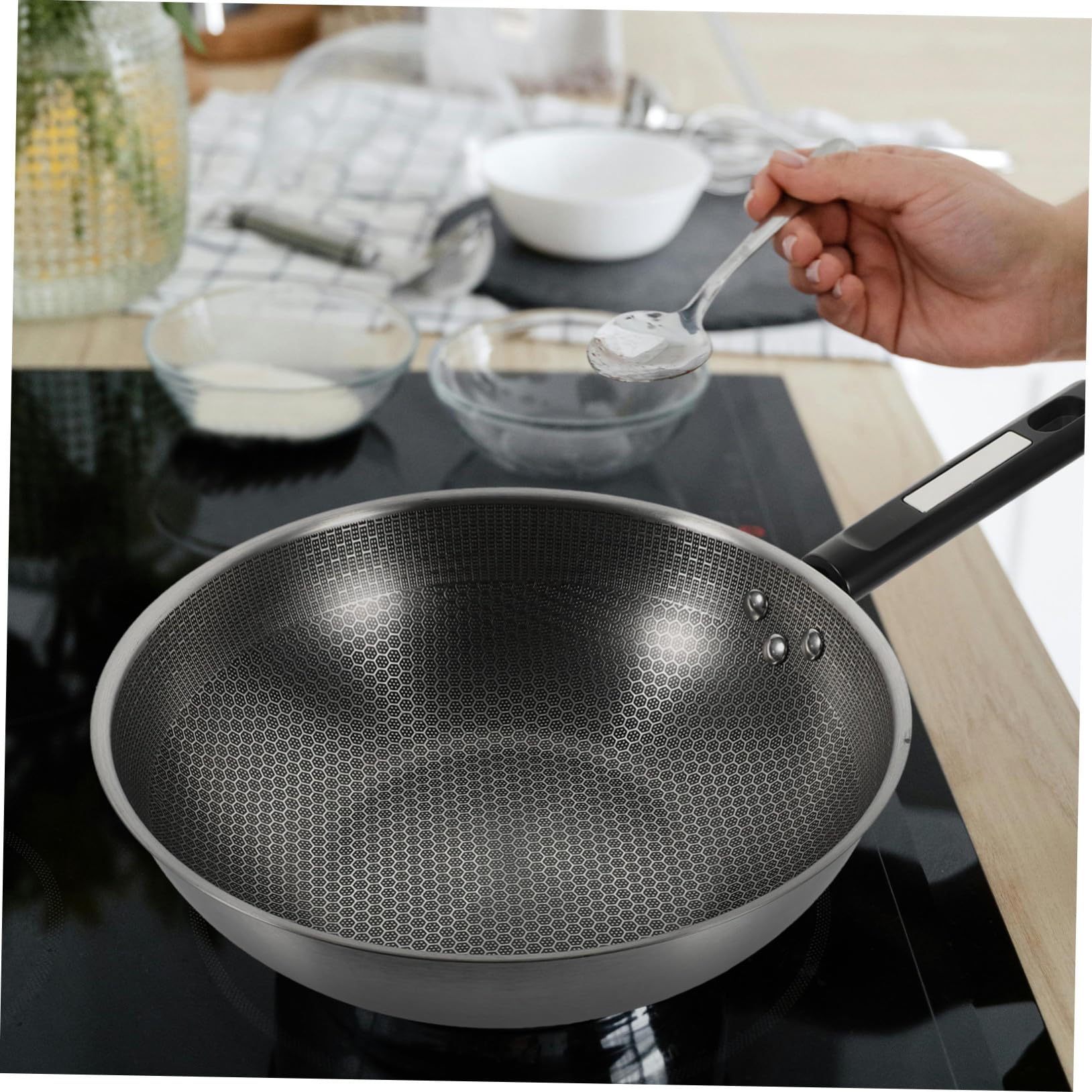 Padella Fondo Piatto a Nido D'ape Padella Antiaderente in Acciaio Inossidabile Manico Ergonomico Antiscivolo per Friggere Uova e Carne in Cucina