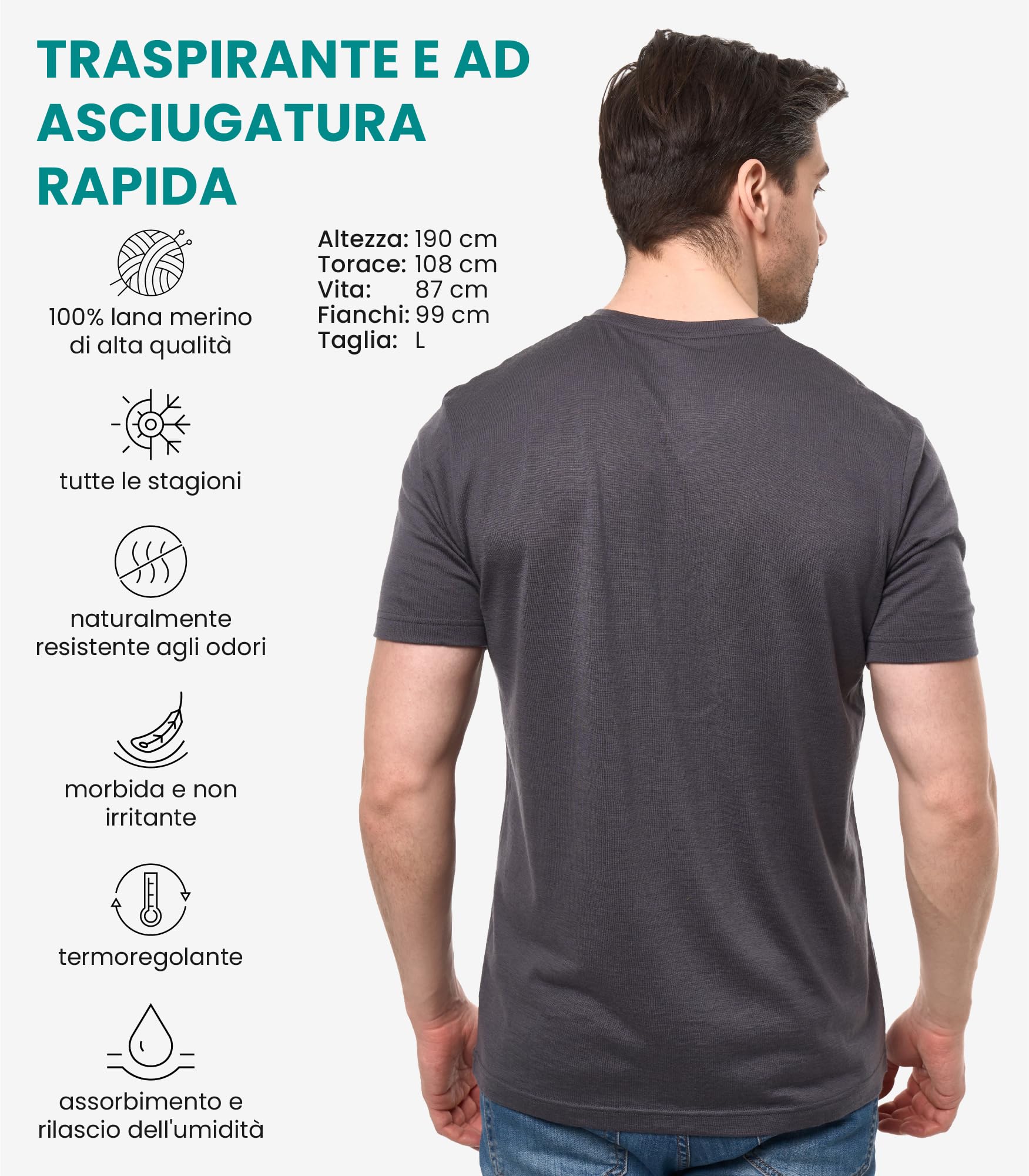Merino.tech T Shirt Lana Merino - Intimo Termico Uomo Lana Merinos - Maglietta Trekking Uomo con Strato Base Leggero