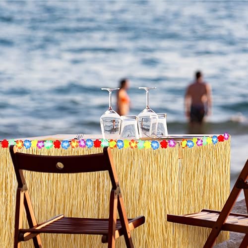 Miniatura 6 de Falda de mesa hawaiana de rafia de hierba Luau con flores de hibisco, 9 pies x 30 pulgadas, decoración de mesa de bar Tiki para verano, playa,