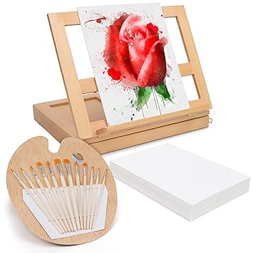 Casacrest Table Top Easel - Portable Desktop Beech Wood Easel with Adjustable Storage Box Painting Set for Professional Art,Sketching,Drawing Kit (1 Paint Palette, 12 Paint Brushes, 12 Canvas Panels)