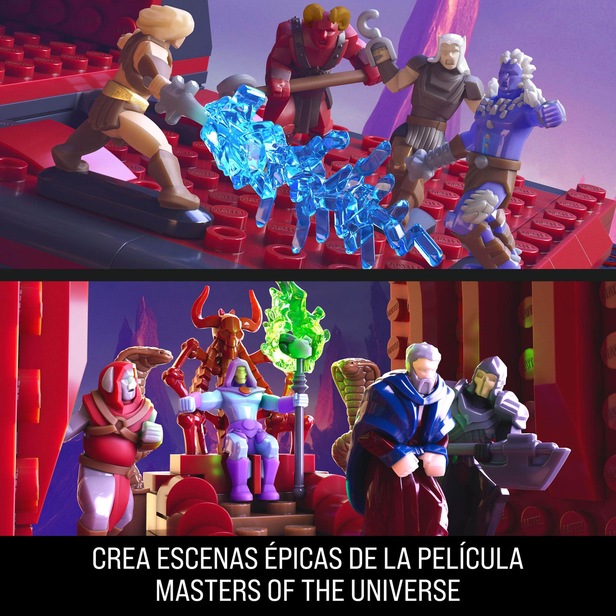 Mattel Brick Shop Masters del Universo Choque en Snake Mountain | Juego de construcción, 636 piezas y 12 figuras, Skeletor y He-Man, regalo para coleccionistas adultos y mayores de 13 años