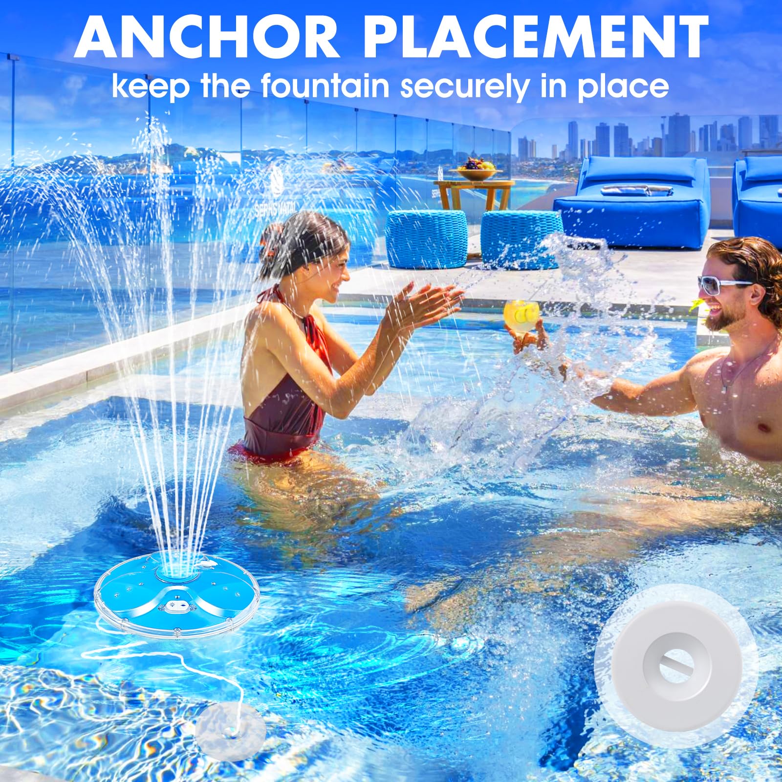 DeeprBling Fontana Galleggiante Piscina con Luci Subacquee, Fontana Piscina con Telecomando e Pulsanti, 2 Modalità di Spruzzatura e 7 Modalità di Luce LED, Fontana per Piscina con Ancora