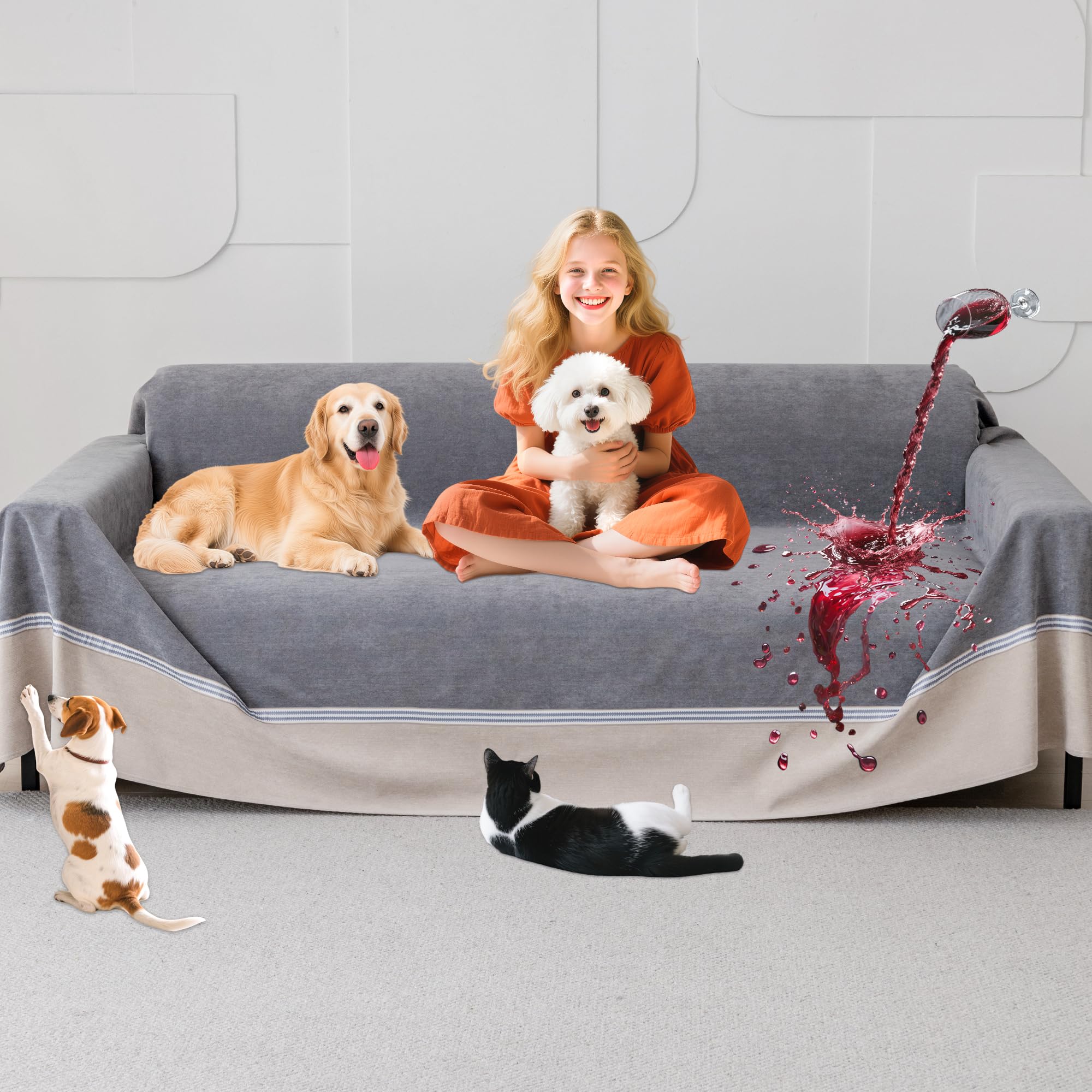 Loiion Sofa Überzug Wasserdicht, Sofa Schutz Abdeckung für Hunde, Rutschfes Sofaschoner 3 Sitzer, Hundedecke & Katzenmatte für Sofa, Bett & Auto, Hundedecke Sofaschutz, Grau, 380x230cm
