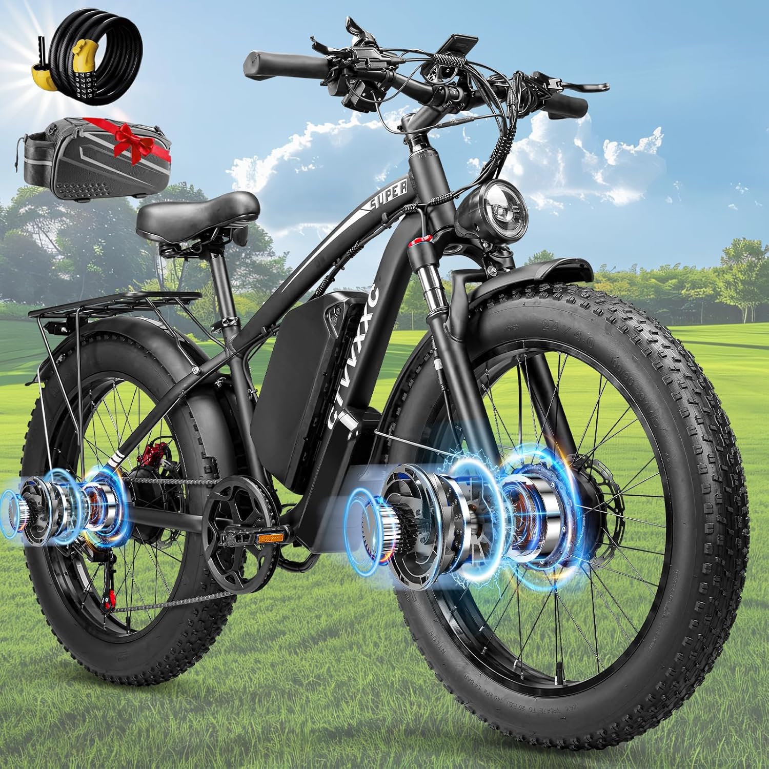 9000W Dual Motor Ebike for Adults Men 45MPH - Fast Electric Bike with 52V 34Ah Battery Up to 100 Miles,Lockable Suspension 24" Fat Tire Electric Bicycle for Off-Road Mountain Snow Commuter