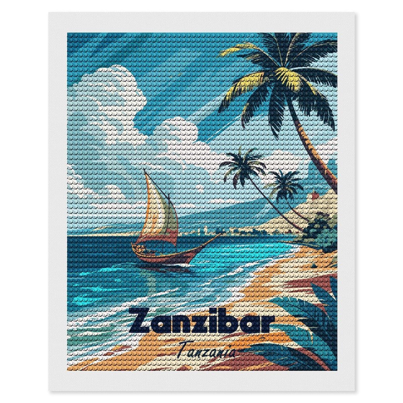 Junmoney Zanzibar, Tanzania Tropical Beach Scene Diamond Painting Canvas Set 16"x20", Easy to Enjoy, Adhesive Canvas, Office Decor, Holiday Gift Idea, with Tool Kit