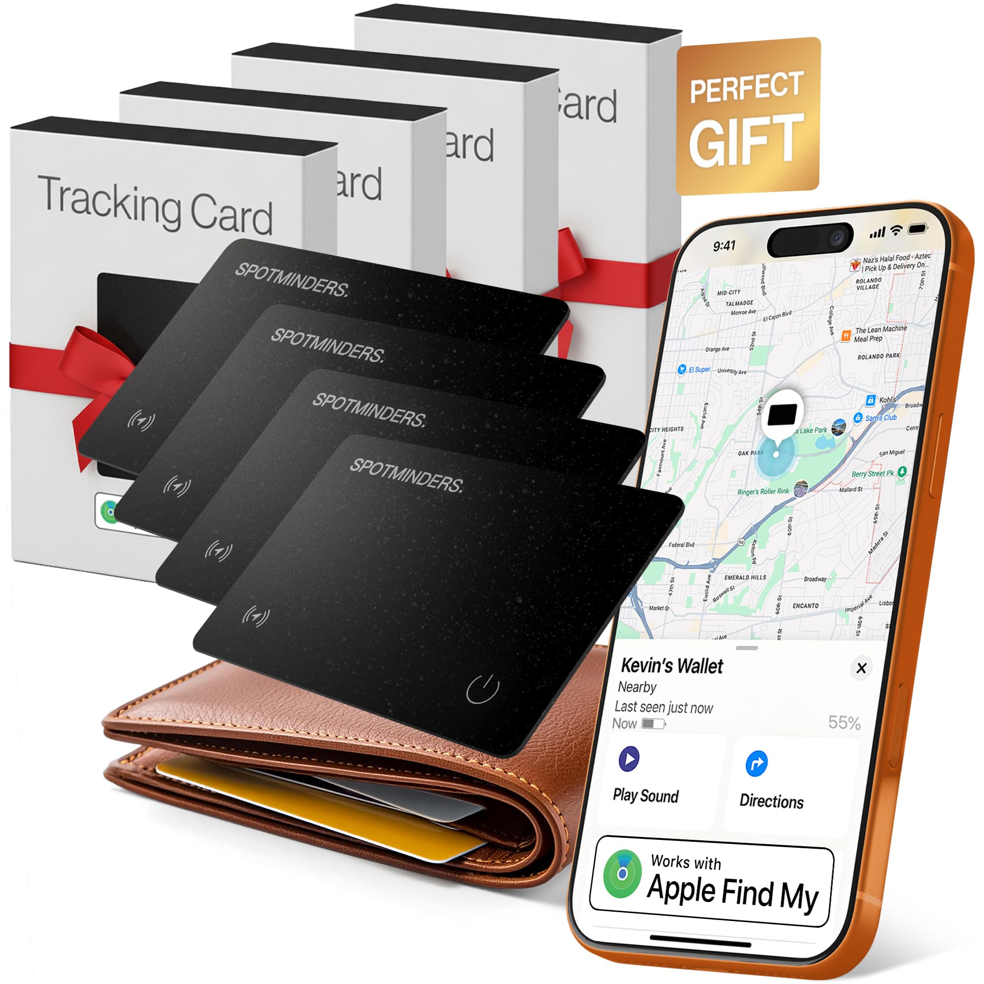 SPOTMINDERS Apple MFI Certified Wallet Tracking Card Black 4-Pack - Works with Apple Find My Rechargeable Tracker IP68 Waterproof 0.07in Slim iPhone Item Finder Smartcard for Luggage Tags Purse Keys
