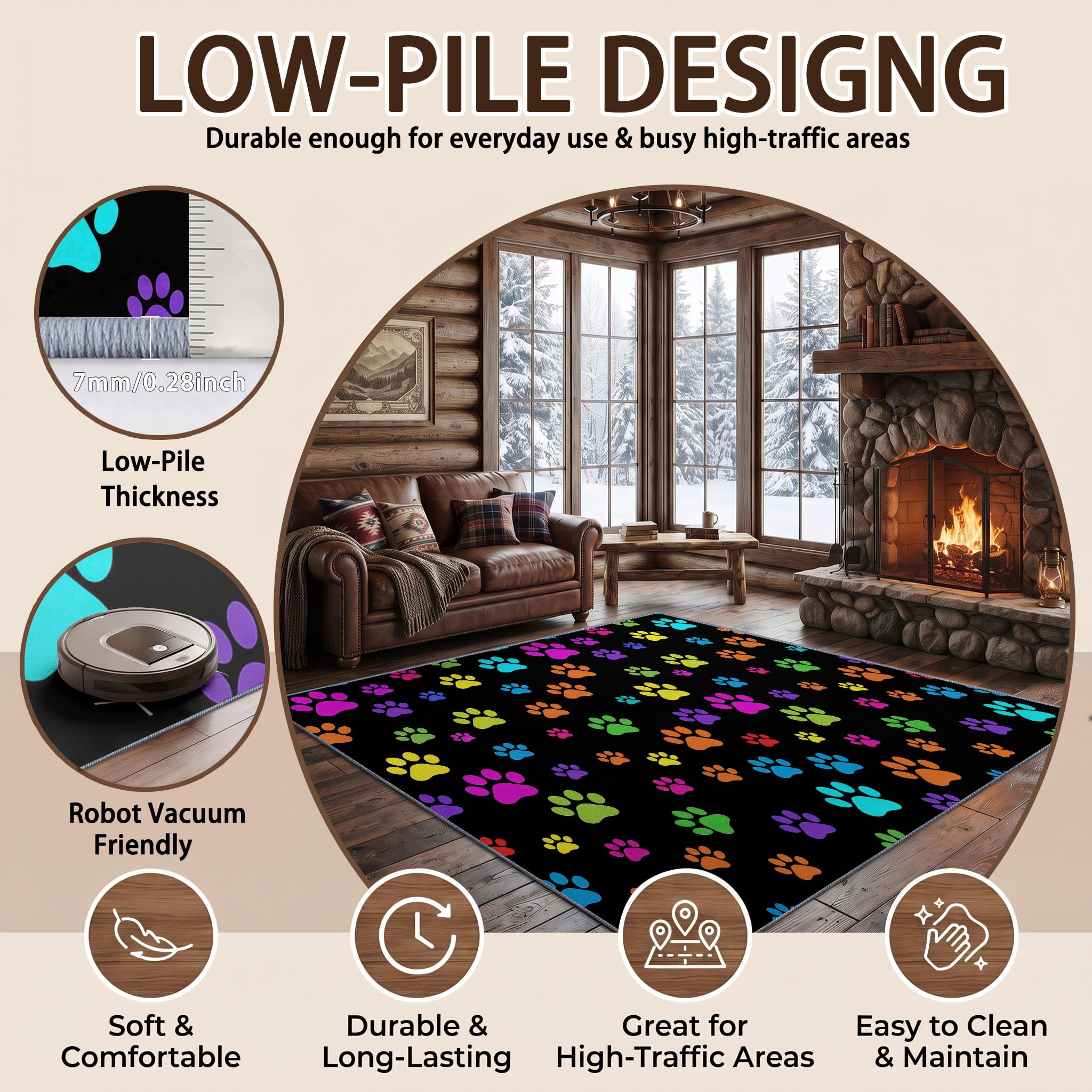 Noir Tapis Salon 80 x 150 cm, Ludique Lavable en Machine Tapis | Chambre Antidérapant, Minimaliste Empreinte De Patte Animale Tapise Bureau Salle a Manger, Doux Poil Ras Rug, Cuisine