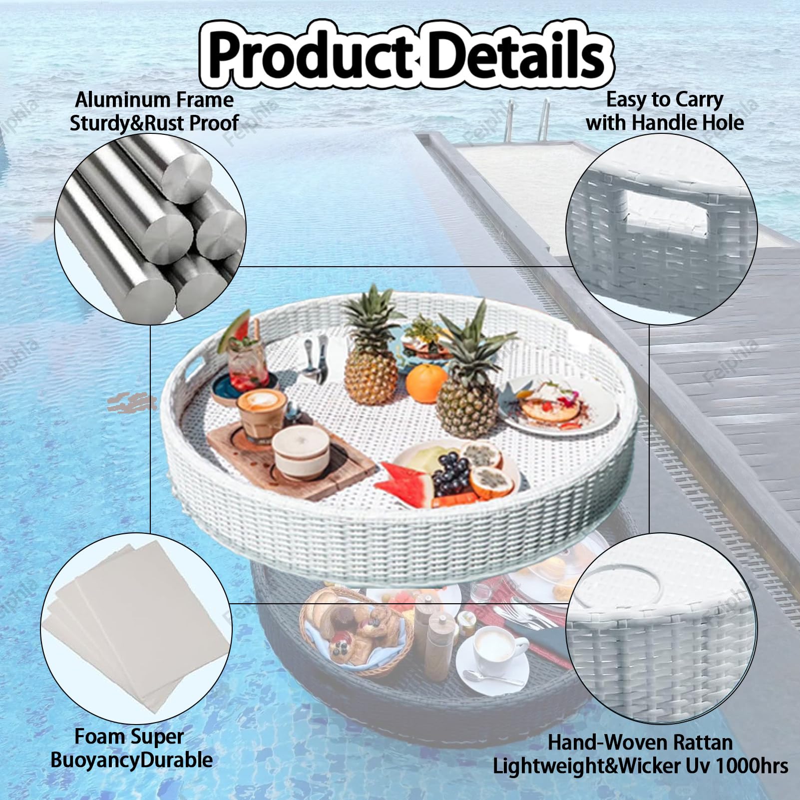 Bandeja flotante, bandeja impermeable y duradera con asas para piscinas y jacuzzis, perfecta para desayunos y fiestas en la playa, diseño redondo de 60 cm