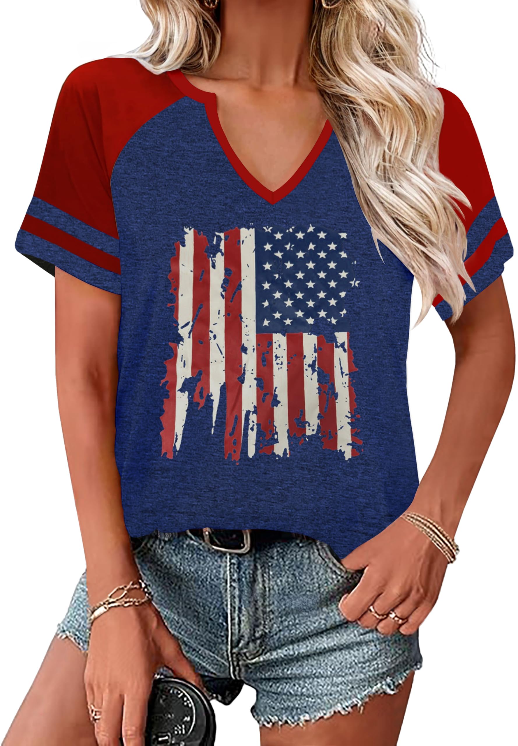 UYIQL 4th of July Shirts Women V Neck Raglan Sleeve Patriotic Tshirt American Flag Stars Fireworks Graphic Tee Tops