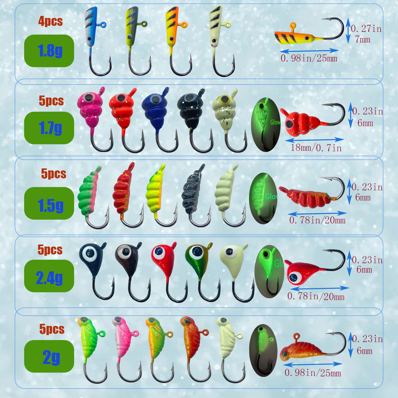 24Pcs Ice Fishing Jigs for Panfish Crappie Sunfish Walleye Ice Fishing Jig Box Gear Accessories Ice Fishing Tackle Box Set (24Pcs Ice Fishing Jigs)