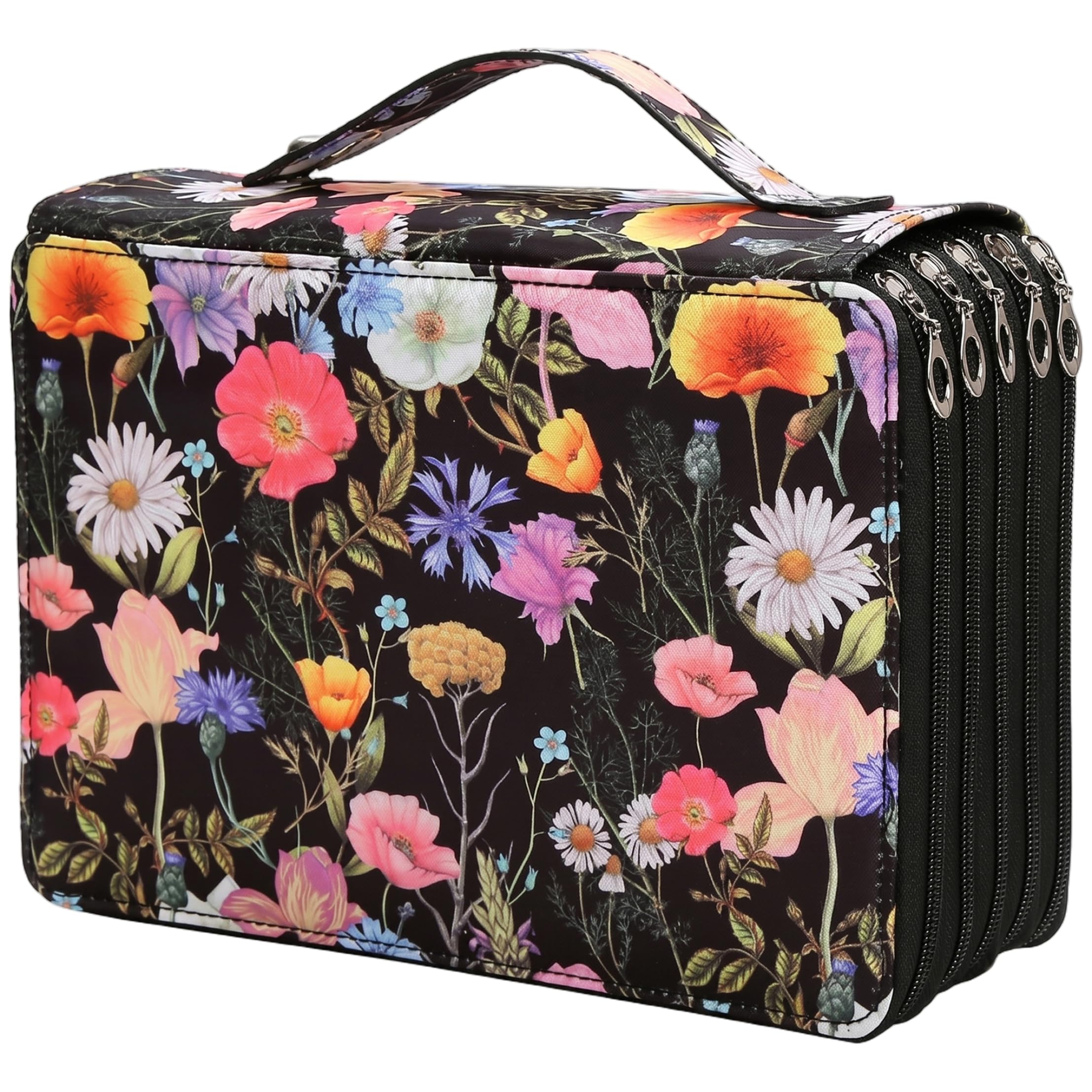 Astuccio colorato con cerniera a 5 strati, scomparti per organizer per matite colorate, borsa floreale con manico rinforzato per gallerie d'arte, casa, scuola, ufficio, nero