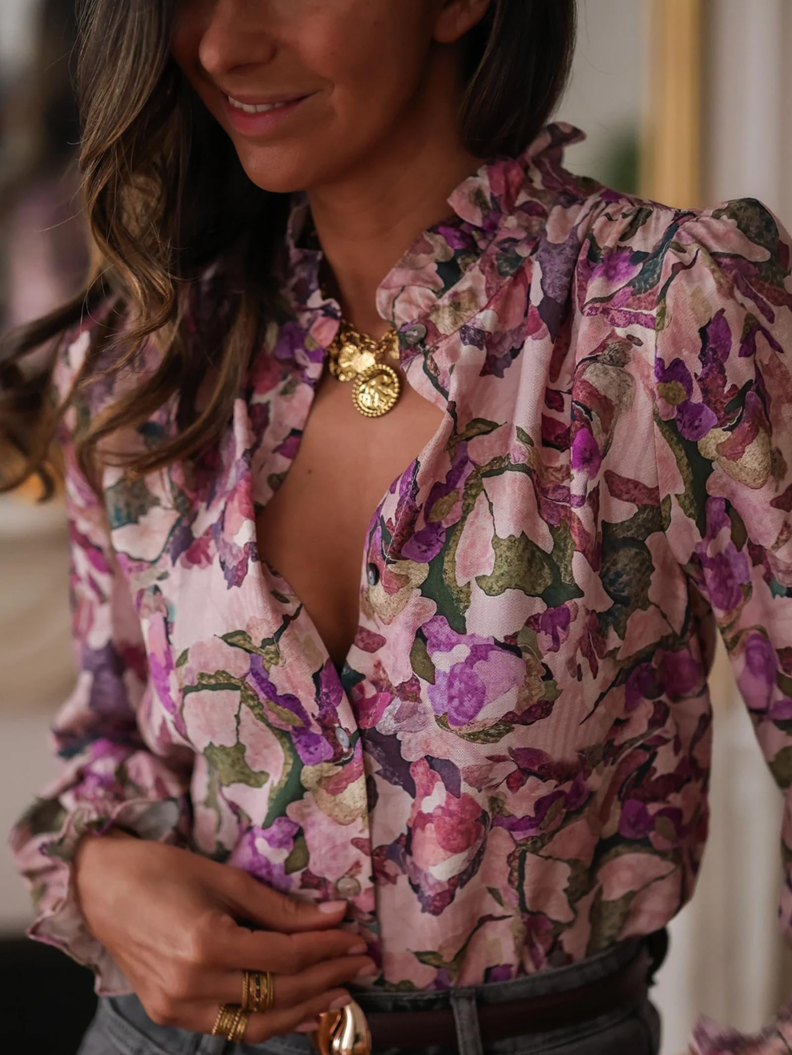 Chemises À Boutons pour Femmes Manches Longues Coupe Ample Col À Volants Chemise Blouse À Imprimé Floral Vintage