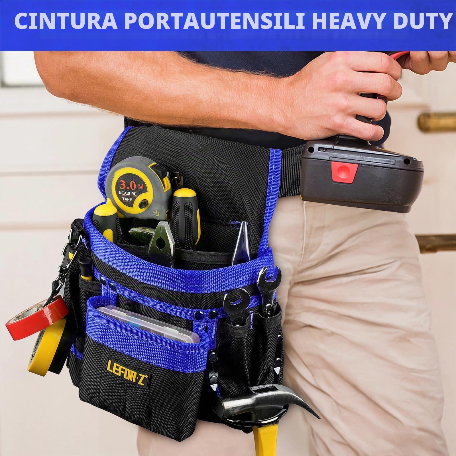 Cintura Porta Attrezzi,Magnetiche Cintura Attrezzi con 14 Tasche,Regolabili Staccabili Cintura Elettricista,Cintura Attrezzi Lavoro per Elettricista,Falegname,Edilizia,Nero-Blu