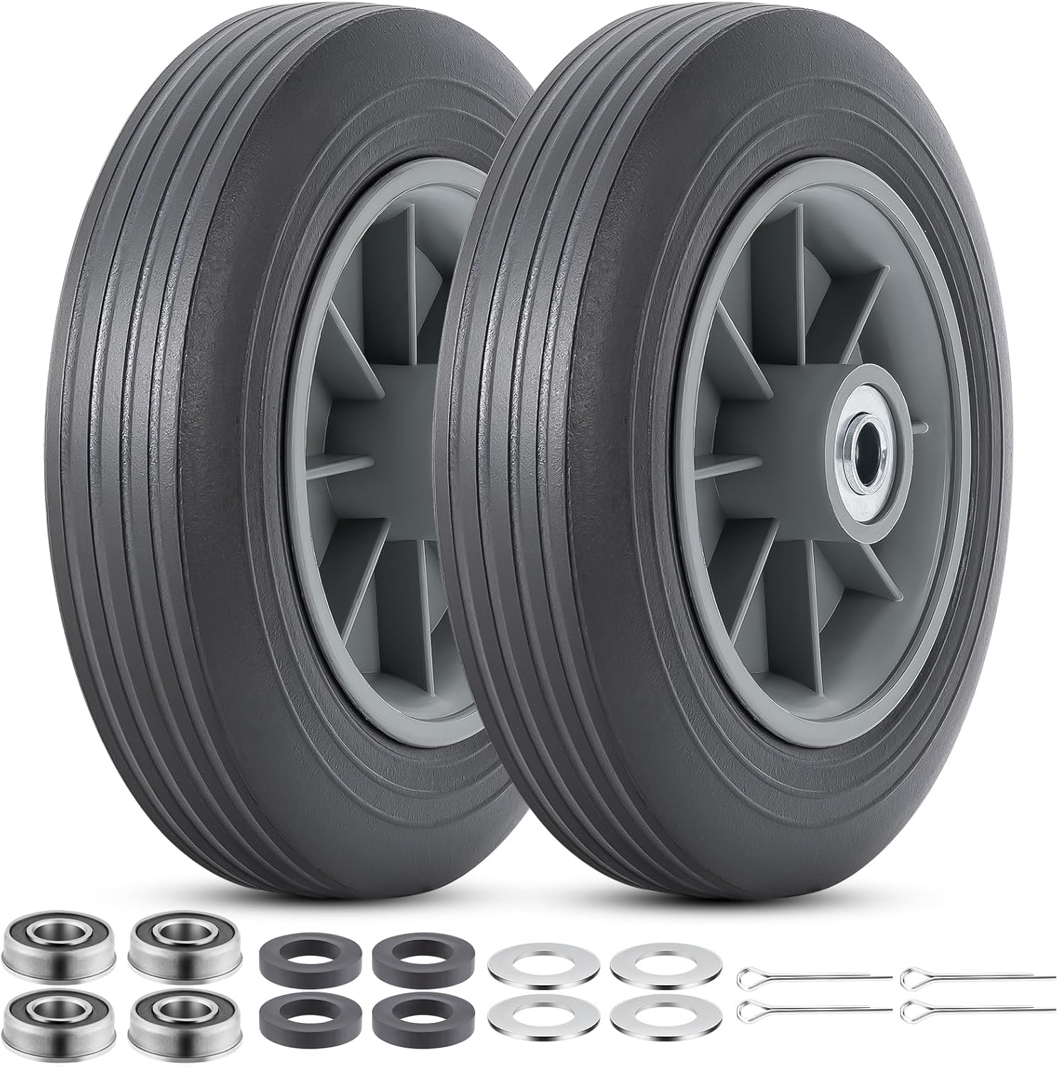 2 Pcs 10" Solid Tires, 10" x 2" Flat Free Tire and Wheel,1/2", 3/4", 5/8" Axle Bore Hole and Double Sealed Bearings, 2.23" Offset Hub Compatible with Hand Truck, Wheelbarrow, Lawn Mower Tires P-125