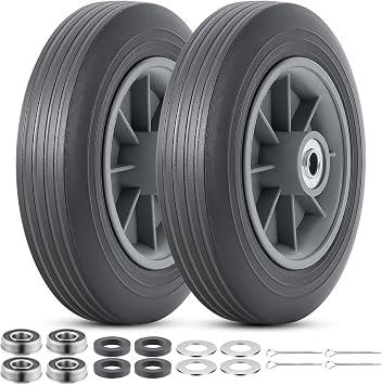 2 Pcs 10" Solid Tires, 10" x 2" Flat Free Tire and Wheel with 5/8" Axle Bore Hole and Double Sealed Bearings, 2.23" Offset Hub Compatible with Hand Truck, Wheelbarrow, Lawn Mower Tires P-125