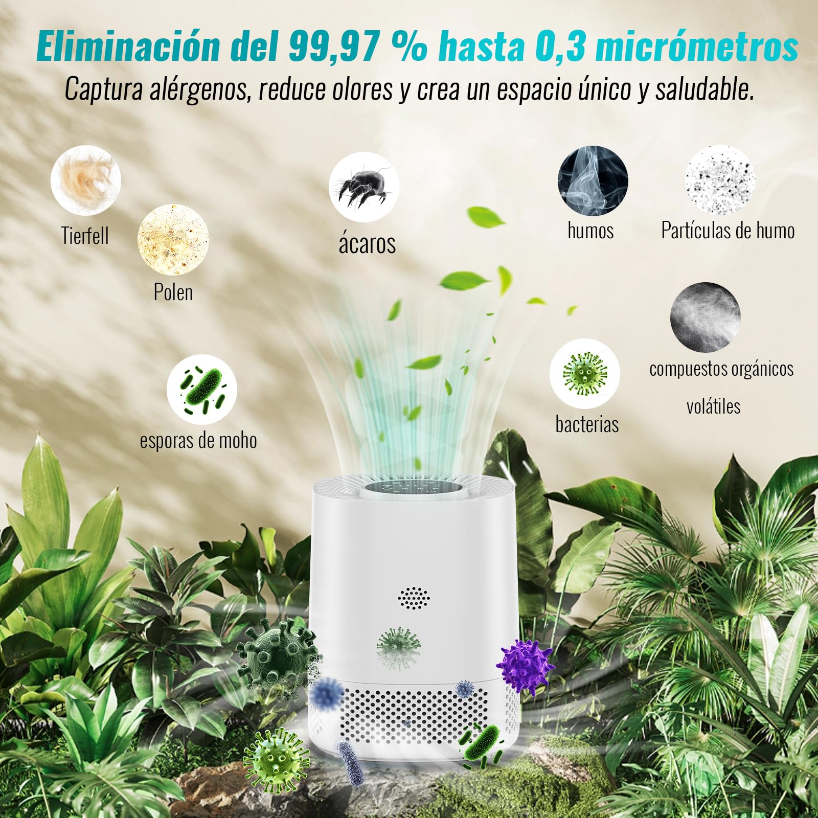 Purificador de Aire con Filtro HEPA H13, Puede Filtrar el 99,97% de Polvo y Humo, Área de Cobertura de Hasta 110 m², Modo de Suspensión de 20 dB, Tres Velocidades de Viento Adecuadas para Hogares