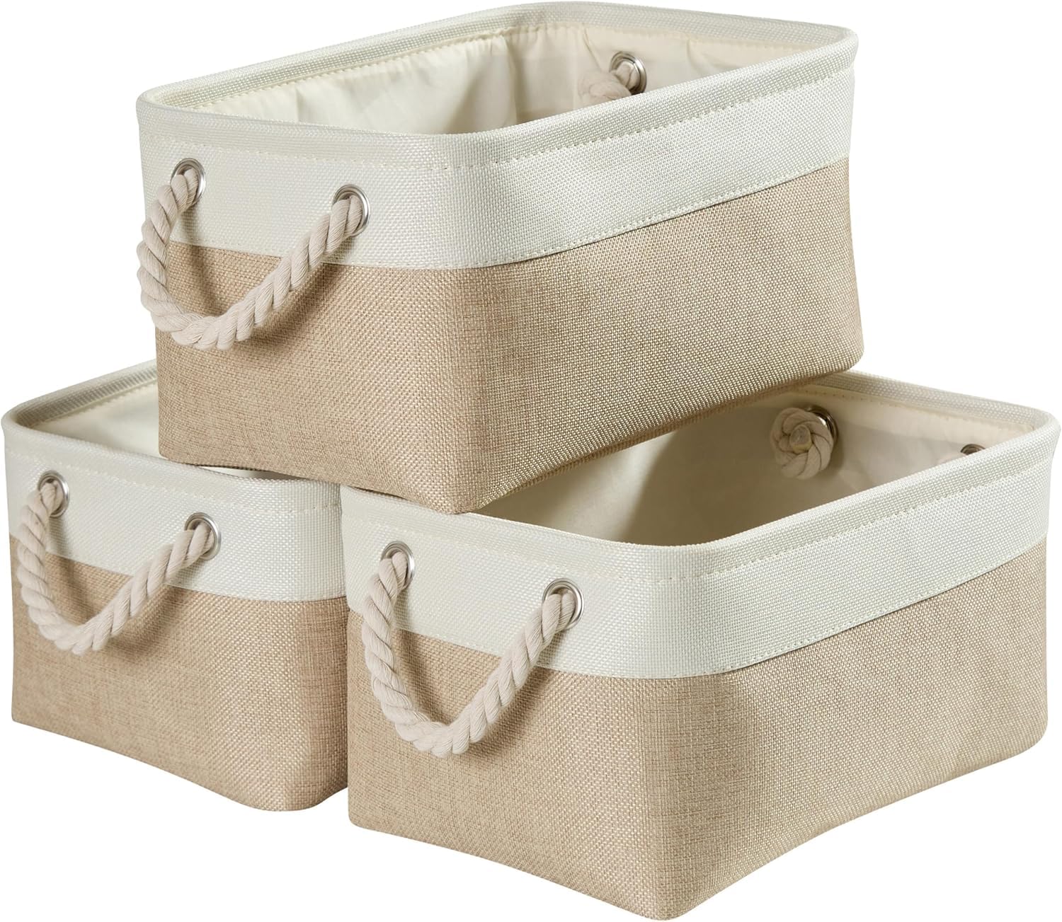 Mangata Canvas Storage Box set of 3, Foldable Fabric Storage Baskets with Handles for Cupboards, Wardrobe, Shelves, Clothes, Toys, Towel, Bathroom(Small, Khaki White)-image-6