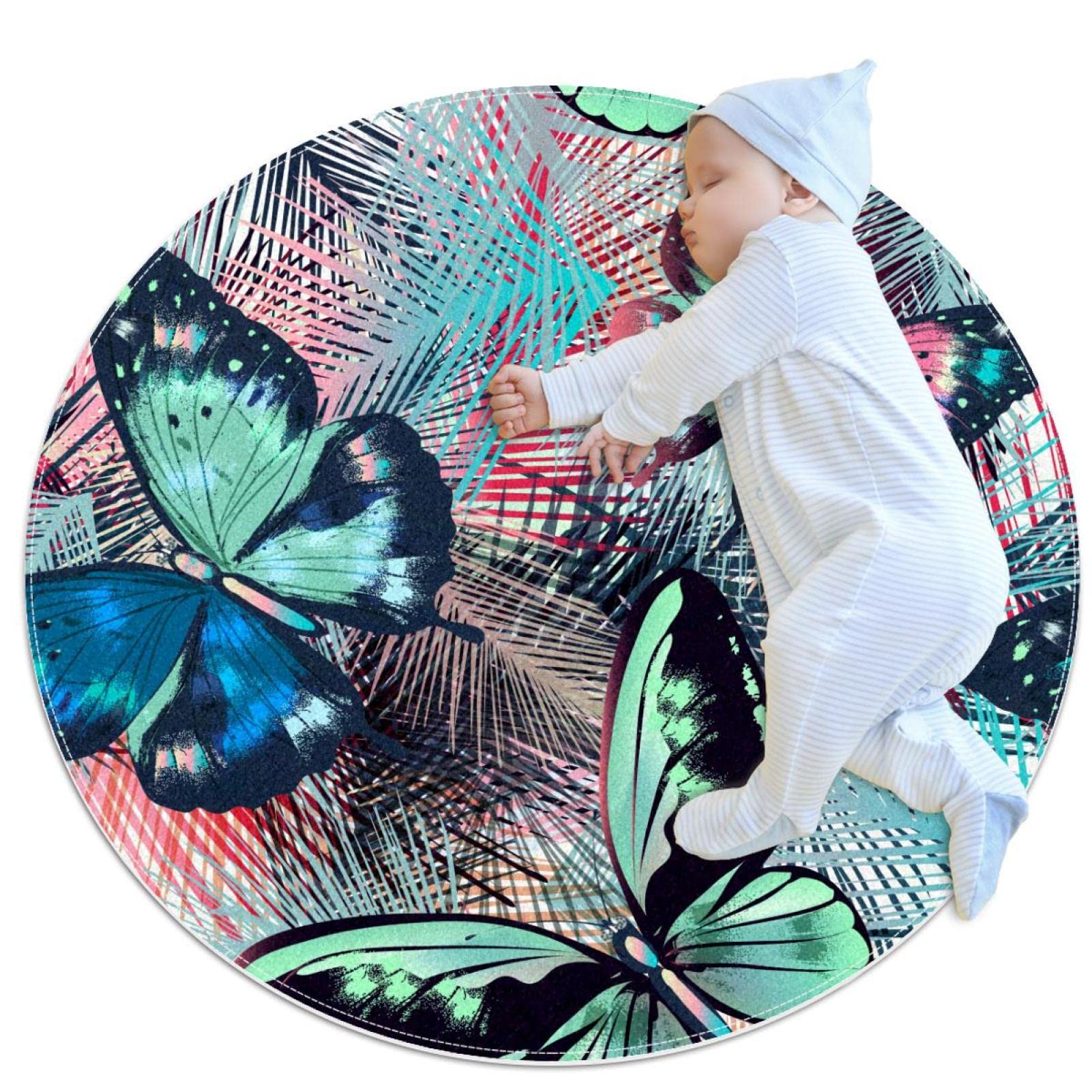 Tapis rond feuilles de palmiers pour réchauffer le sol froid d'une chambre d'enfant