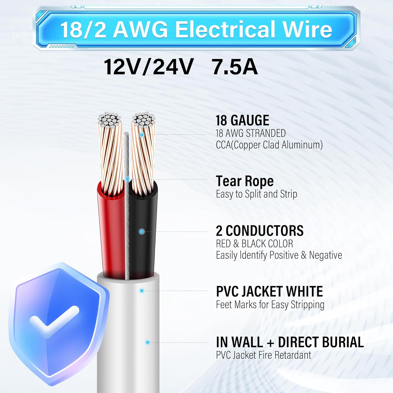 18 Gauge 2 Conductor Low Voltage Wire 500 Ft,UV Resistant 18 AWG CL2 Red Black CCA Hook up 12V/24V DC Alarm Bell Wire,Flexible Easy-Pull Box Outdoor for LED,Security Systems,Speaker Audio-White - Image 2