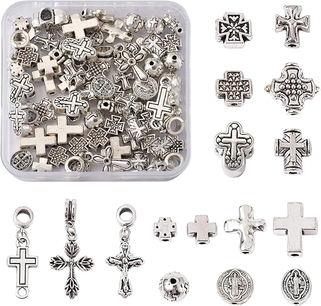 Beadthoven 70pcs 14 Style Tibetan Silver Cross Crucifix Spacer Beads Metal Religious Cross Dangle Charms Pendants for for Jewelry Crafts Making Hole: 1-5mm