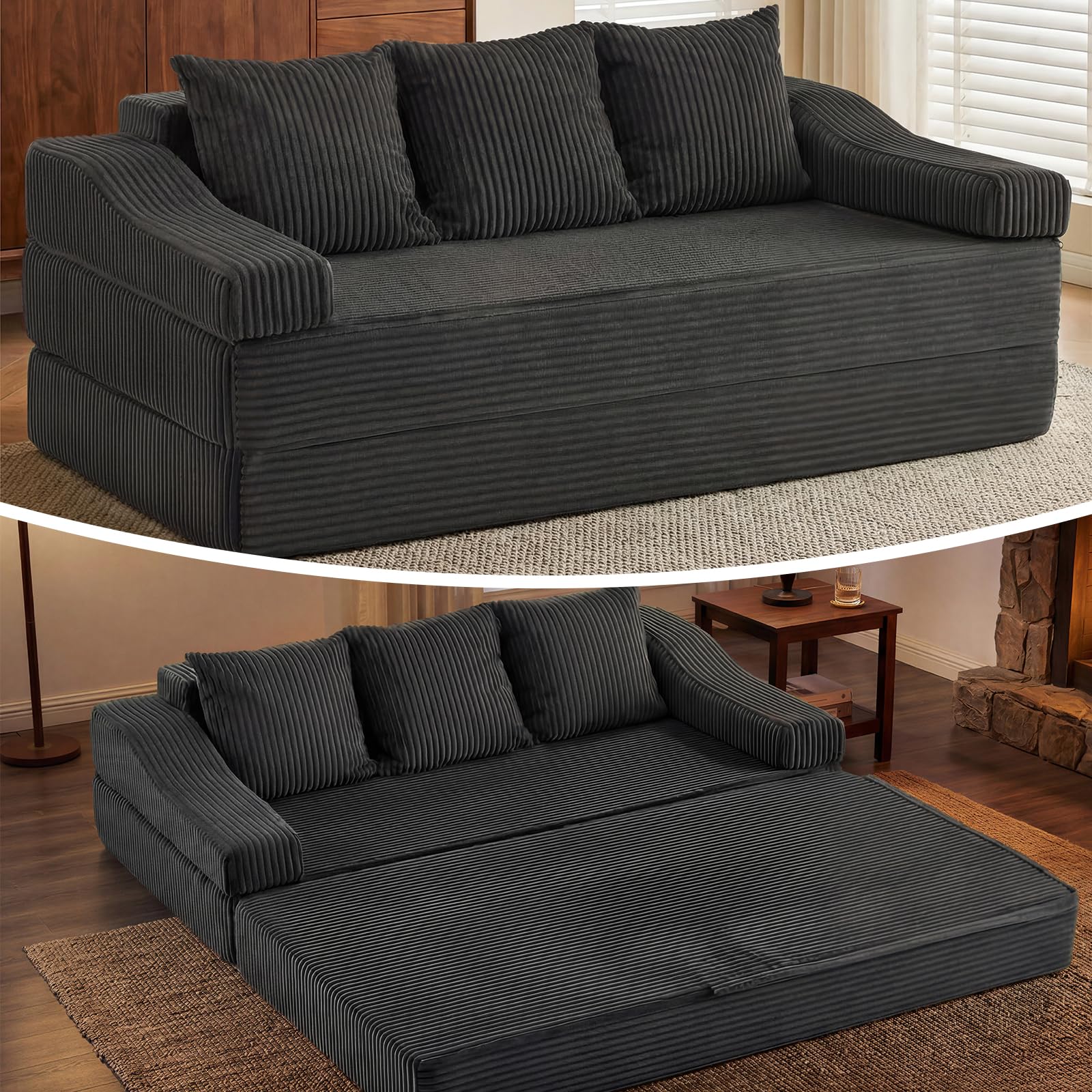 APICIZON Schlafsofa 200cm Breit, Boneless Couch mit Kissen, 3 Sitzer Sofa Bed mit Schlaffunktion, Bodensofa Klappbare Matratze für Wohnzimmer, Schlafzimmer, Gästezimmer (Cord-Dunkelgrau, 200x176cm)