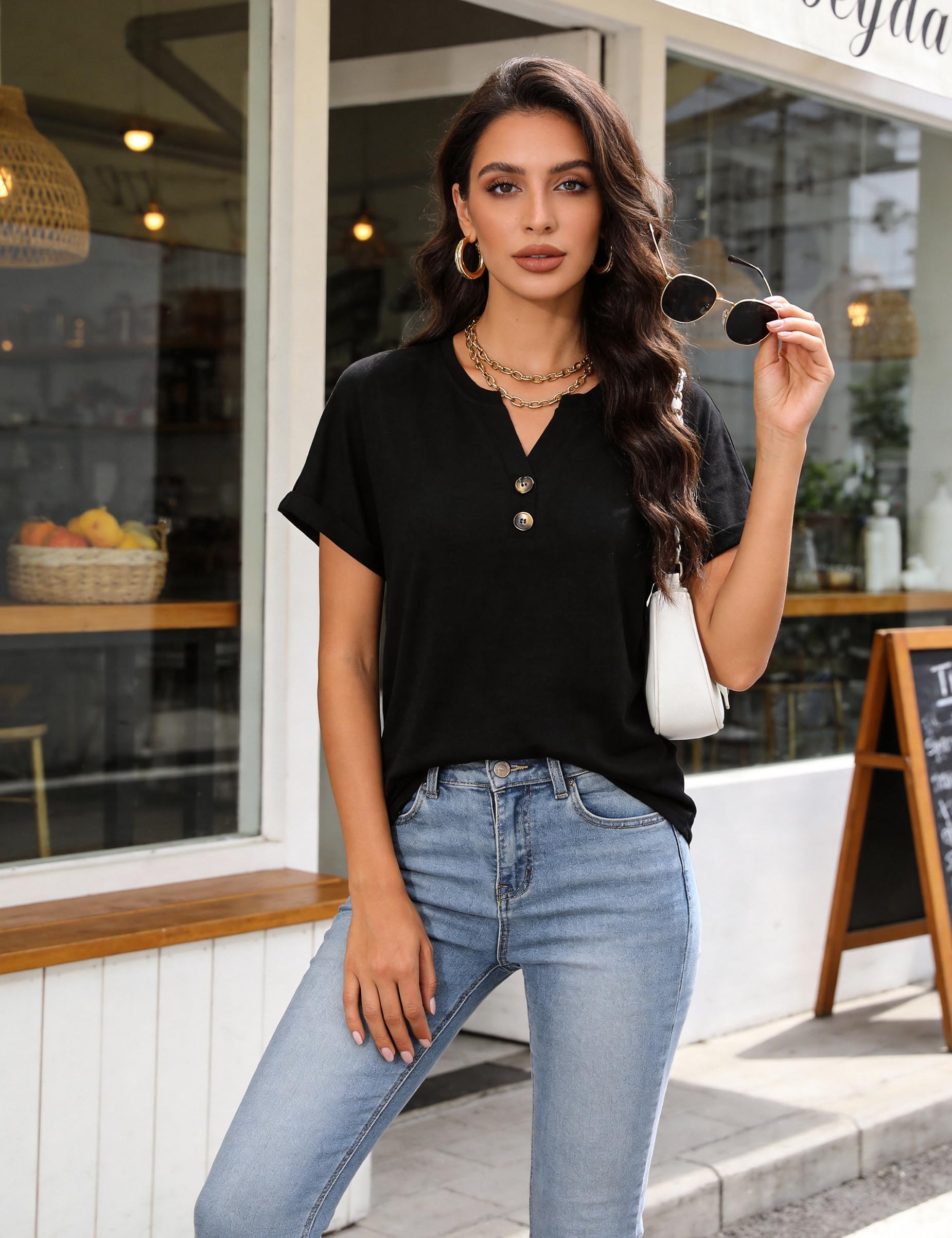 Litherday Camiseta para Mujer de Manga Corta con Escote en V y Detalle de Botones Blusa Casual Camiseta Básica Suelta para el Verano