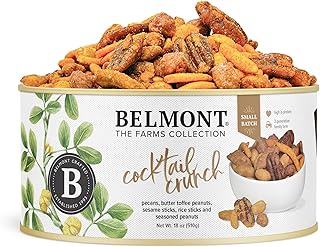 Belmont Peanuts Cocktail Crunch Mix, 18 oz (1 Pack) – Pecans, Butter Toffee Virginia Peanuts, Sesame Sticks, Rice Sticks, Seasoned Peanuts – Simple Ingredients, No Preservatives, Hand Seasoned