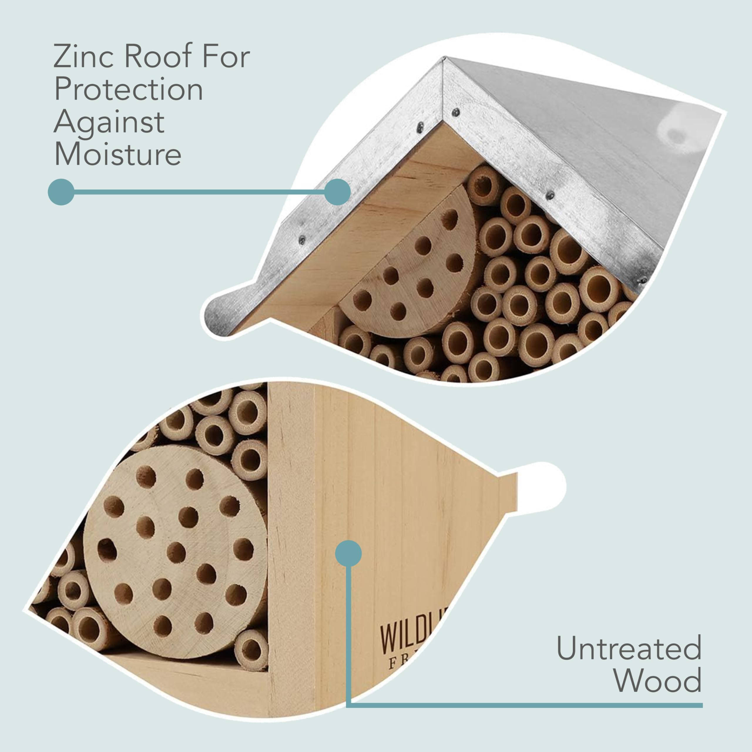WILDLIFE FRIEND I hotel delle api con tetto in metallo, hotel per insetti api selvatiche - preassemblato in legno di pino e 100% resistente alle intemperie