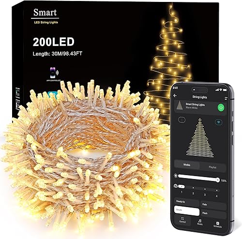 BrizLabs Luces de Navidad inteligentes, 200 luces LED de Navidad de 66 pies con aplicacióncontrol de voz, 8 modos regulables de luz blanca cálida,