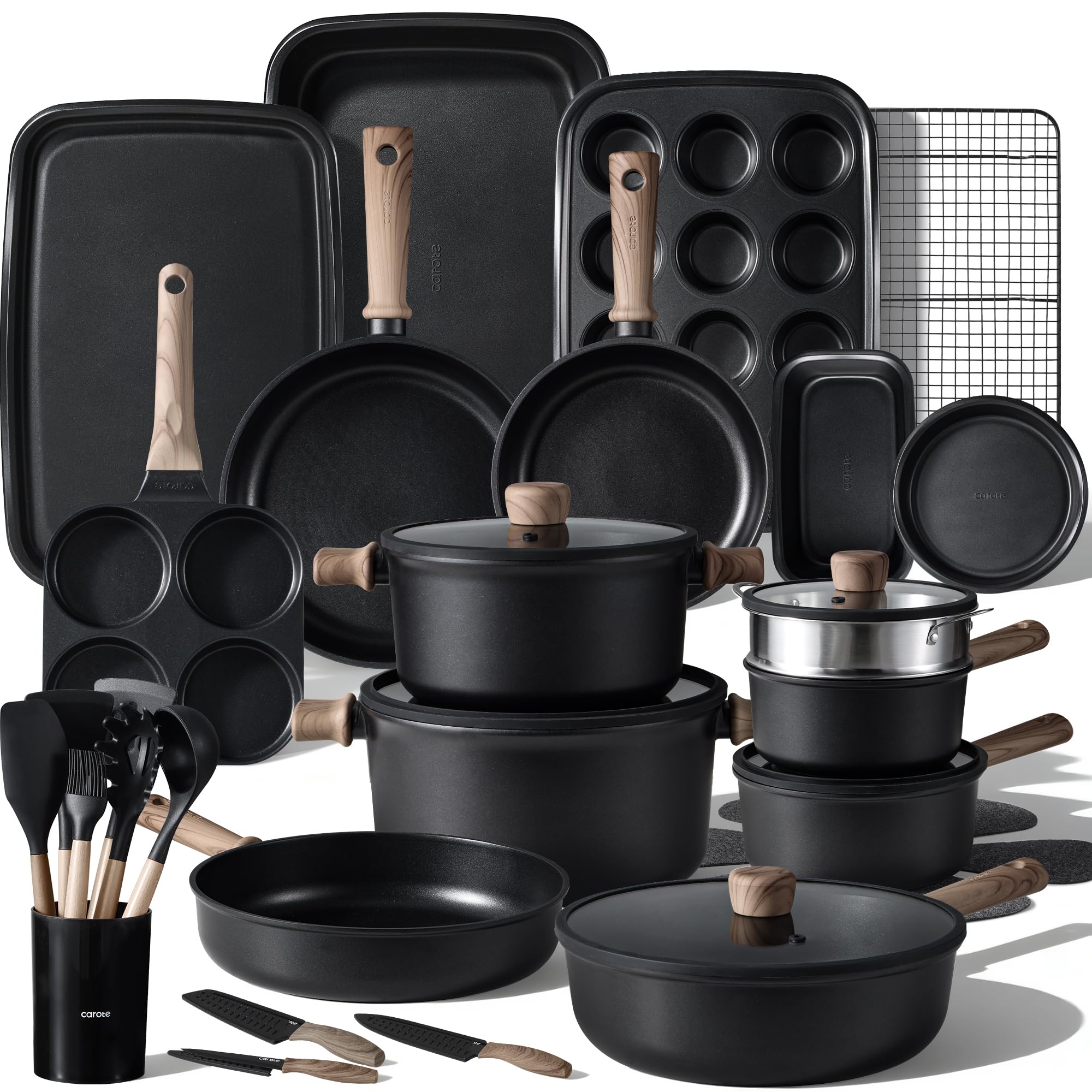 CAROTE 44pcs Nonstick Kitchen Cookware Sets, Nonstick Pots and Pans, Induction Cookware Set Kitchen Cooking Sets, Non Stick w/Frying Pan,Black