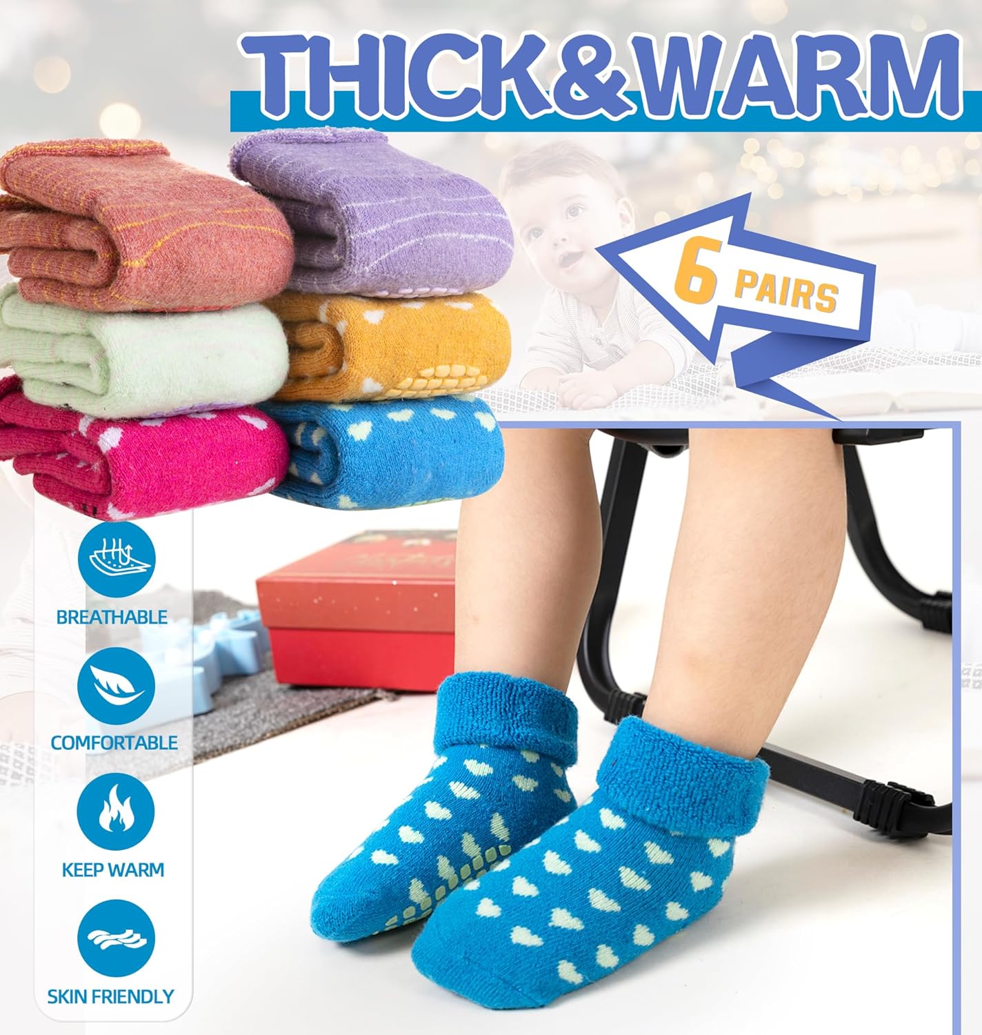 DoSmart Baby Toddler Non Slip Socks Infant Boys Girls Warm Thick Wool Ankle Crew Winter Socks with Grippers 6 Pairs - Image 3