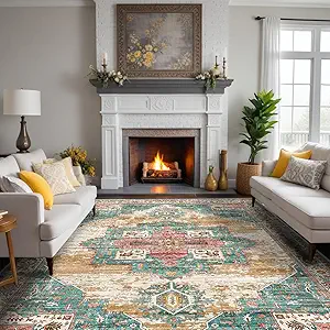 RUUGME Washable 9x12 Area Rugs - Large Rugs for Living Room Stain Resistant Carpet Vintage Rugs for Bedroom with Non Slip Backing Home Decor Floor Decoration Mat (9x12 Green)