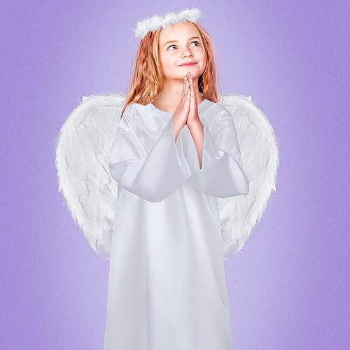 Miniatura 4 de Eurzom Juego de disfraz de ángel de 4 piezas, vestido blanco con alas de plumas y varita para disfraces de Halloween y cosplay