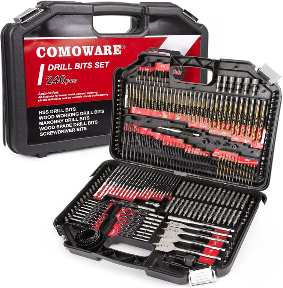 COMOWARE 246 Pcs Drill Bit Set with Case for Wood, Metal, Masonry, Cement and Screwdriver Bits