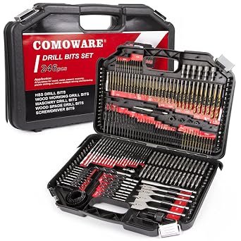 COMOWARE 246 Pcs Drill Bit Set with Case for Wood, Metal, Masonry, Cement and Screwdriver Bits