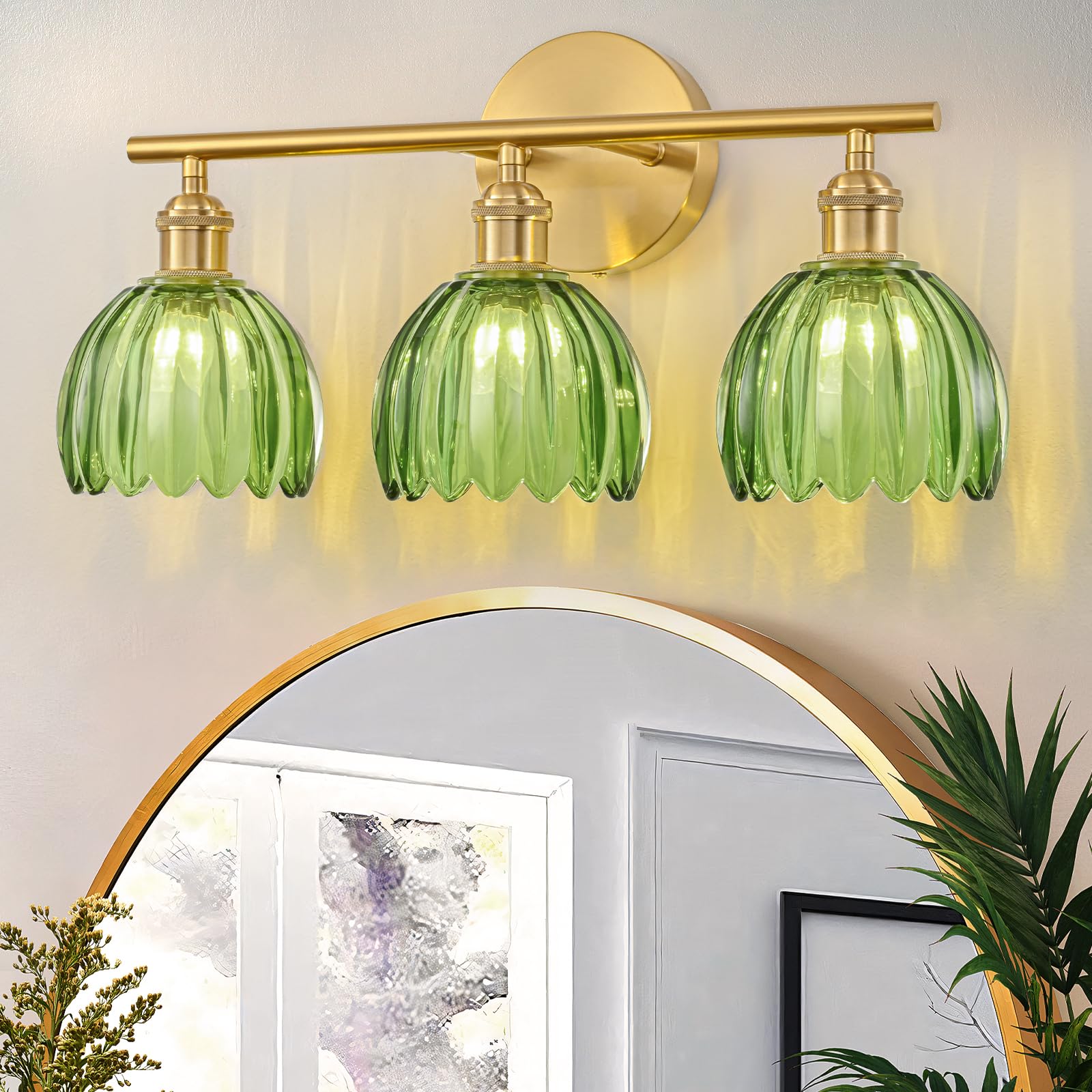 Gold Bathroom Light Fixtures Over Mirror, 3 Light Bathroom Vanity Light with Tulip Green Glass Lampshade, Vintage Vanity Lights for Bathroom, Bathroom Vanity Lights Over Mirror