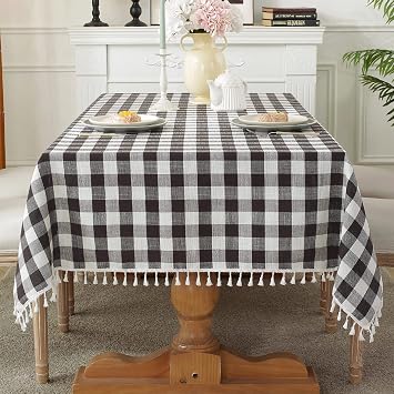 Laolitou Checkered Tablecloth Rectangle Washable Buffalo Plaidwith Tassel Cotton Linen Gingham Table Cover for Picnic Kitchen Dining Room, Black & White, Rectangle, 55x 86, 6 8 Seats