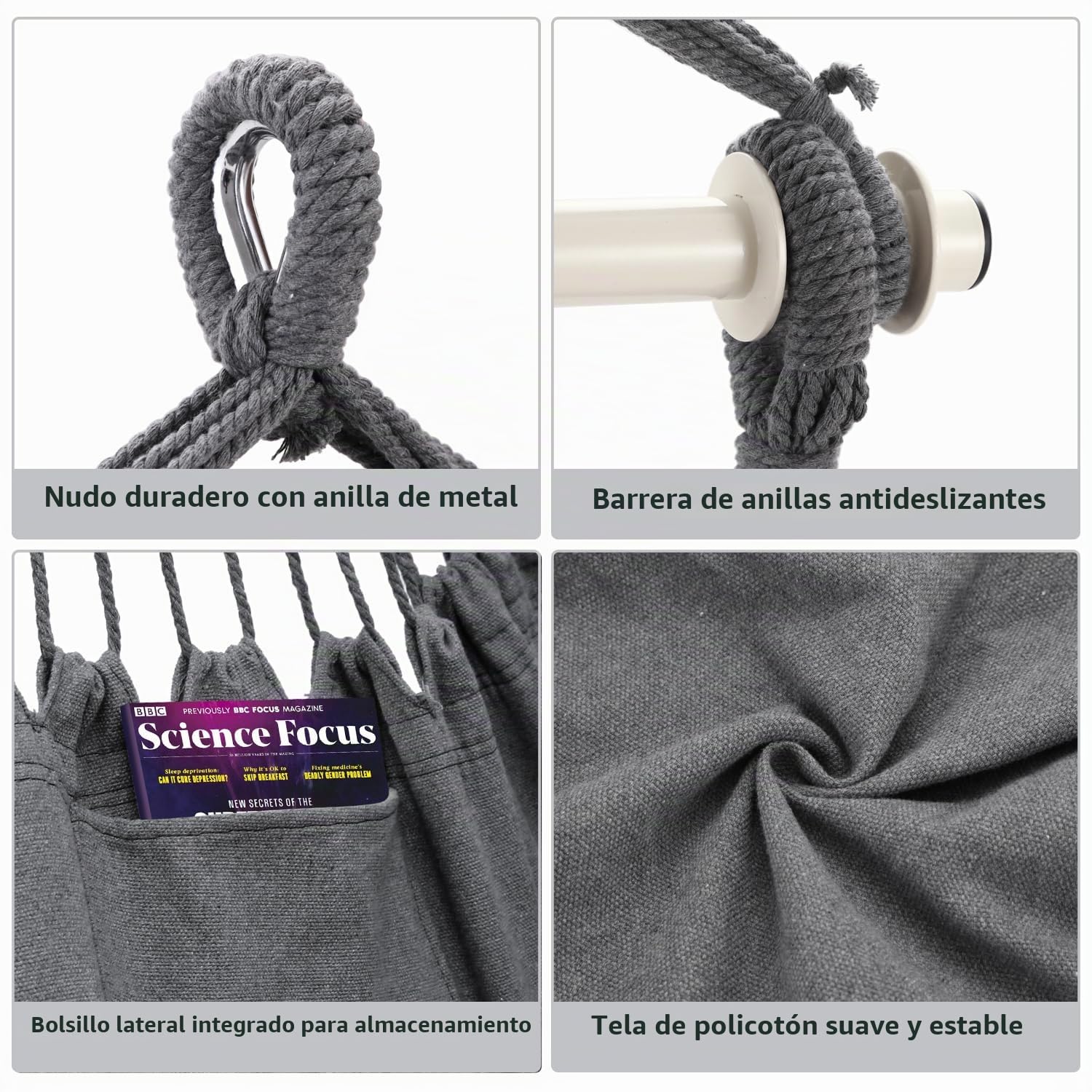 Ohuhu Silla Colgante Silla de Hamaca con 2 Cojines y Kit de instalación, Tejido de algodón para Mayor Comodidad, Durabilidad para Interiores y Exteriores, Dormitorio, Patio, Gris